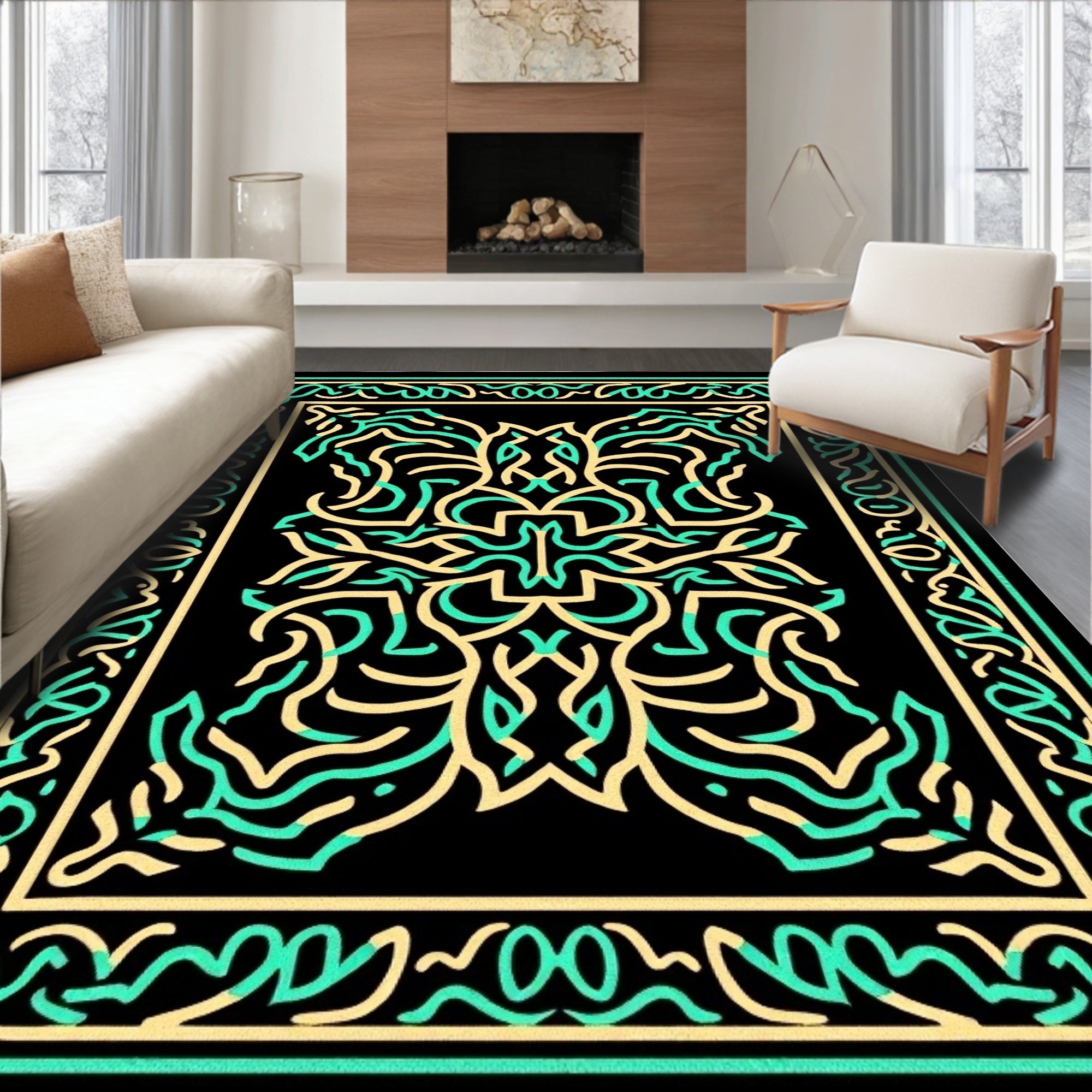 Black Golden Aqua Organic Border Rug