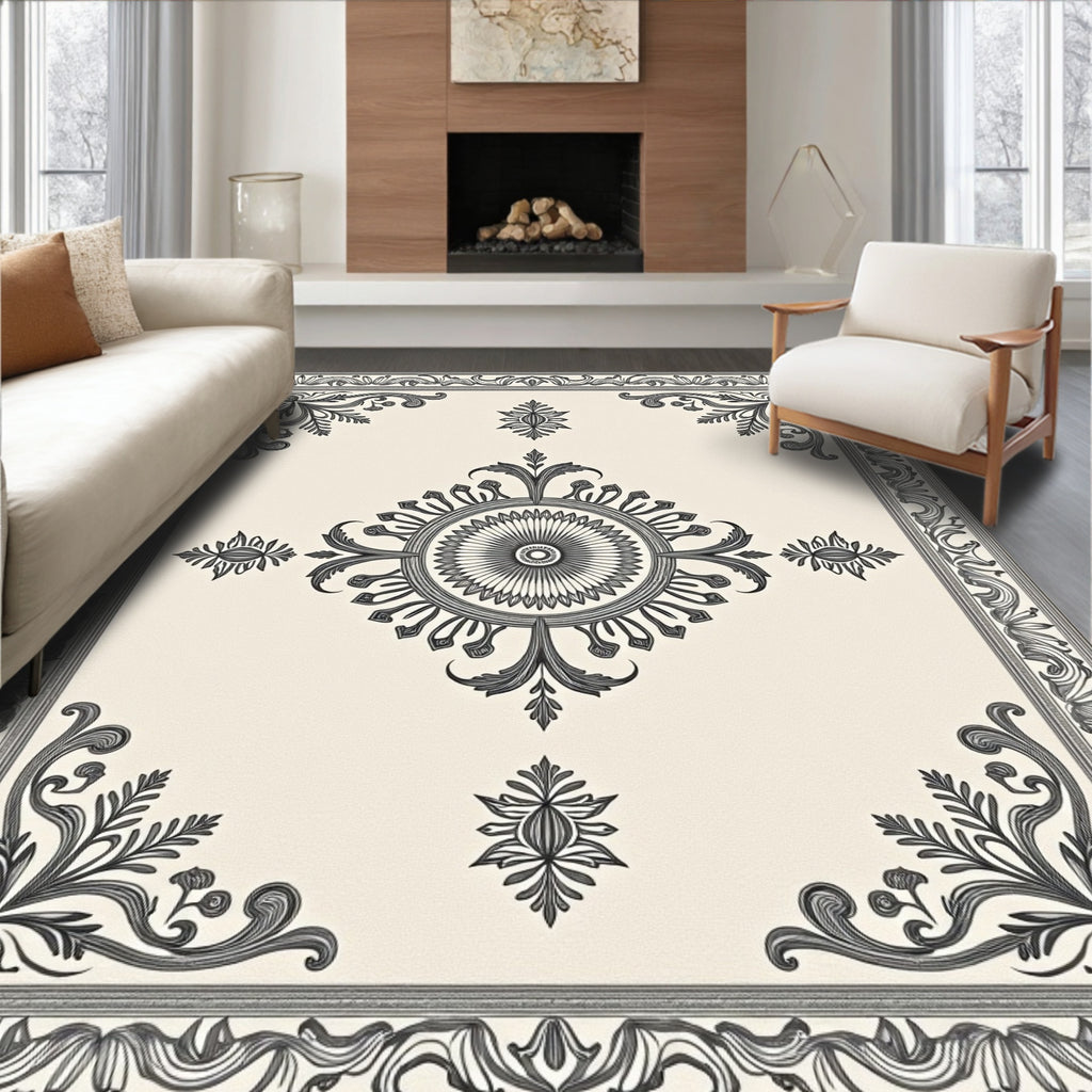 Ornate Black White Floral Border Rug