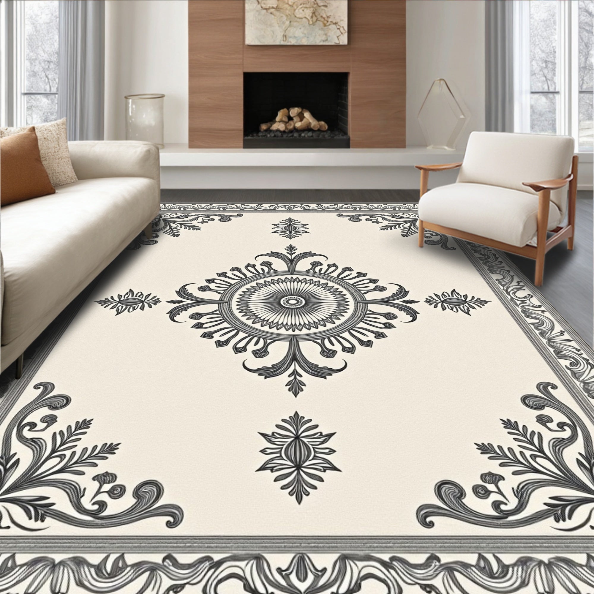 Ornate Black White Floral Border Rug