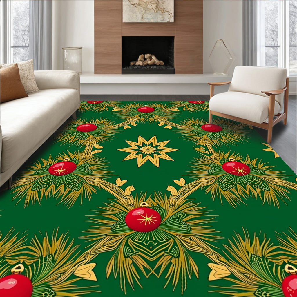 Emerald Green Red Gold Festive Ornaments Rug