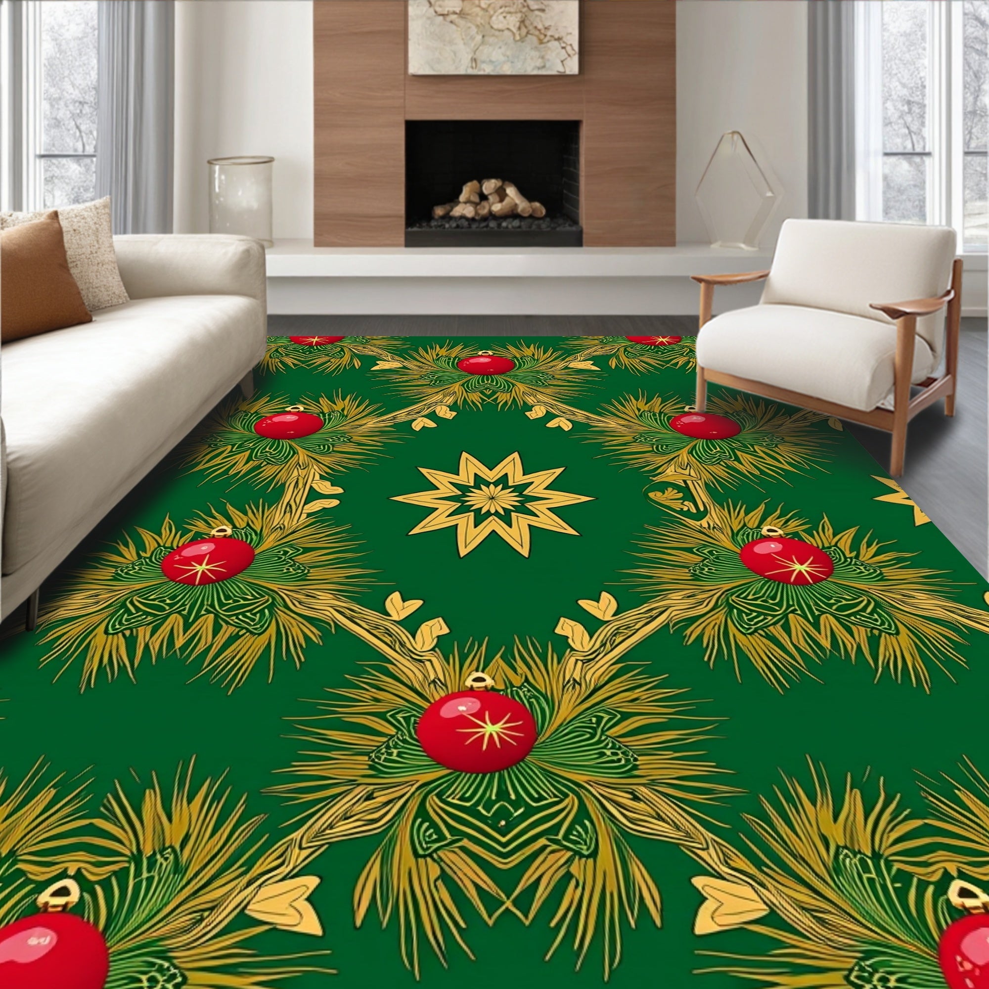 Emerald Green Red Gold Festive Ornaments Rug