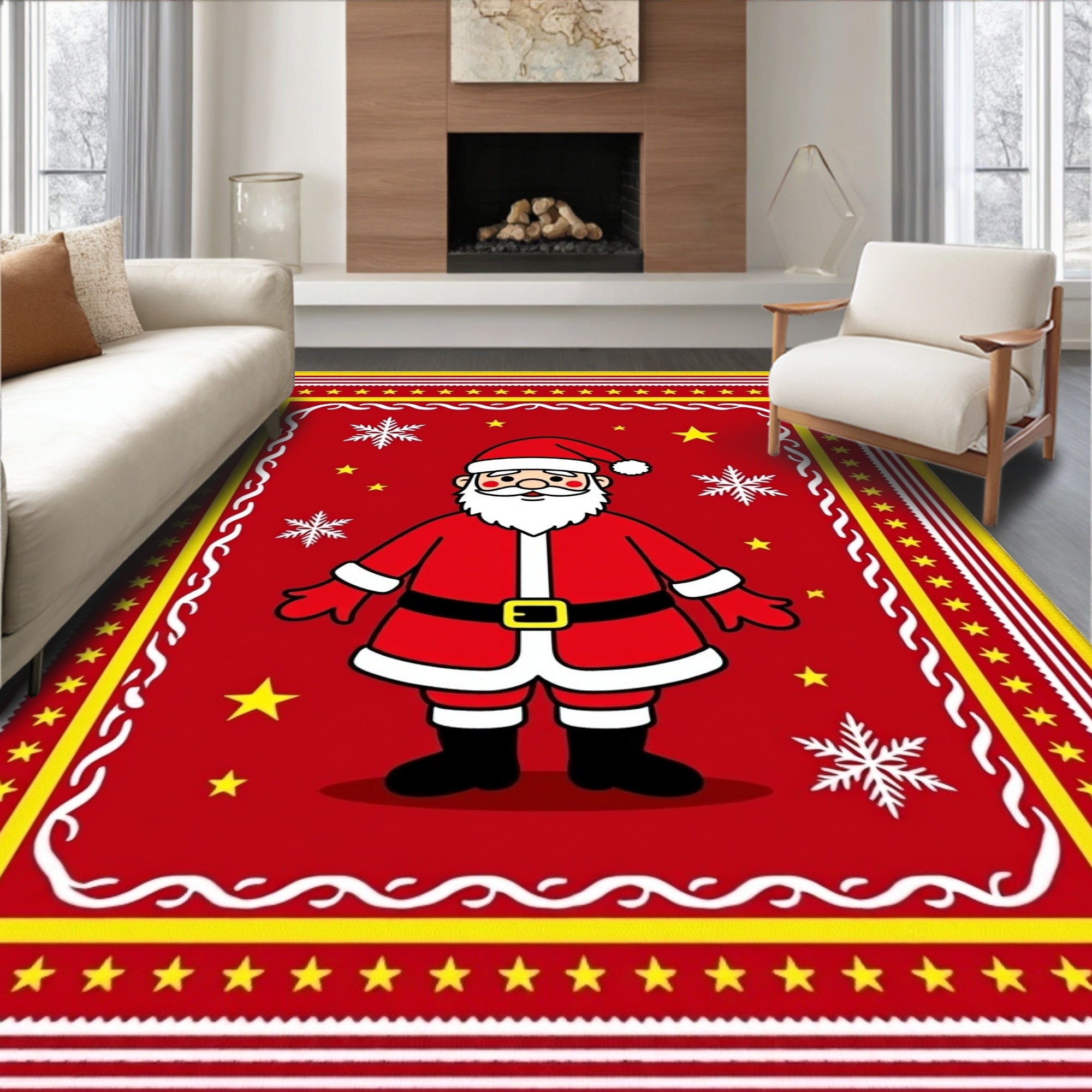 Whimsical Red Santa Claus Snowflakes Rug