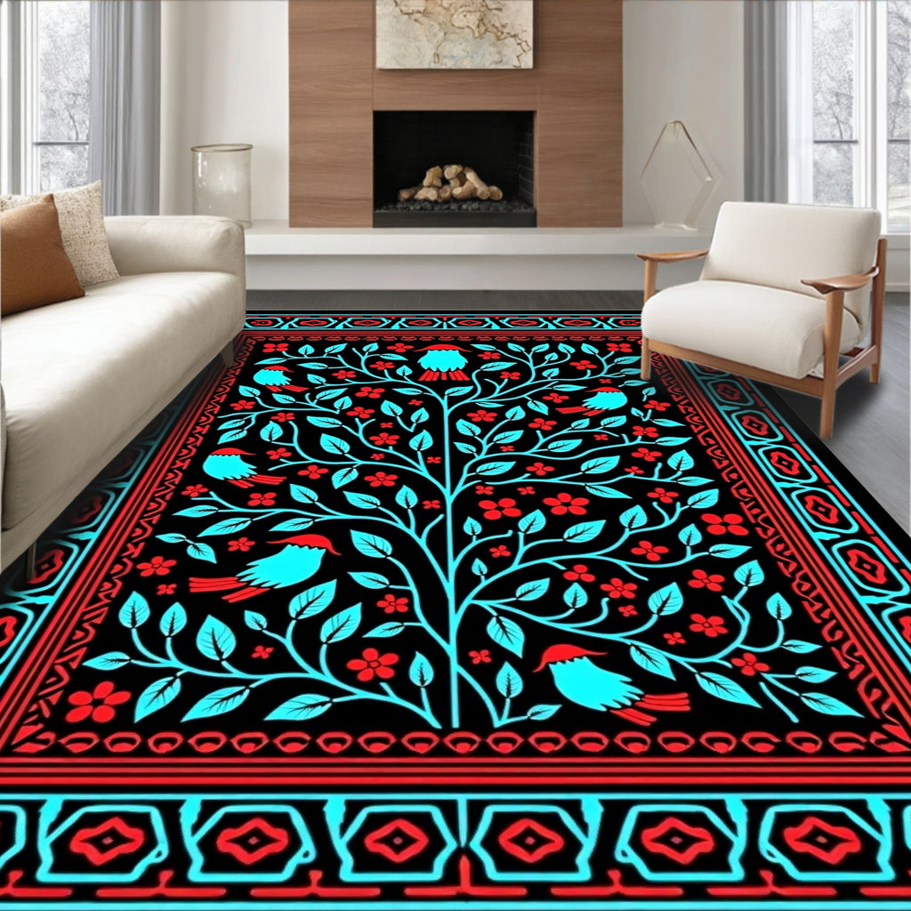Bold Cyan Birds Red Flowers Tree Rug