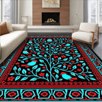 Bold Cyan Birds Red Flowers Tree Rug