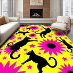 Vibrant Yellow Black Cat Floral Rug