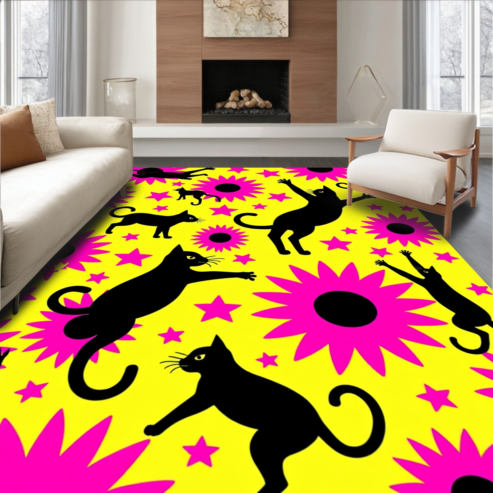 Vibrant Yellow Black Cat Floral Rug