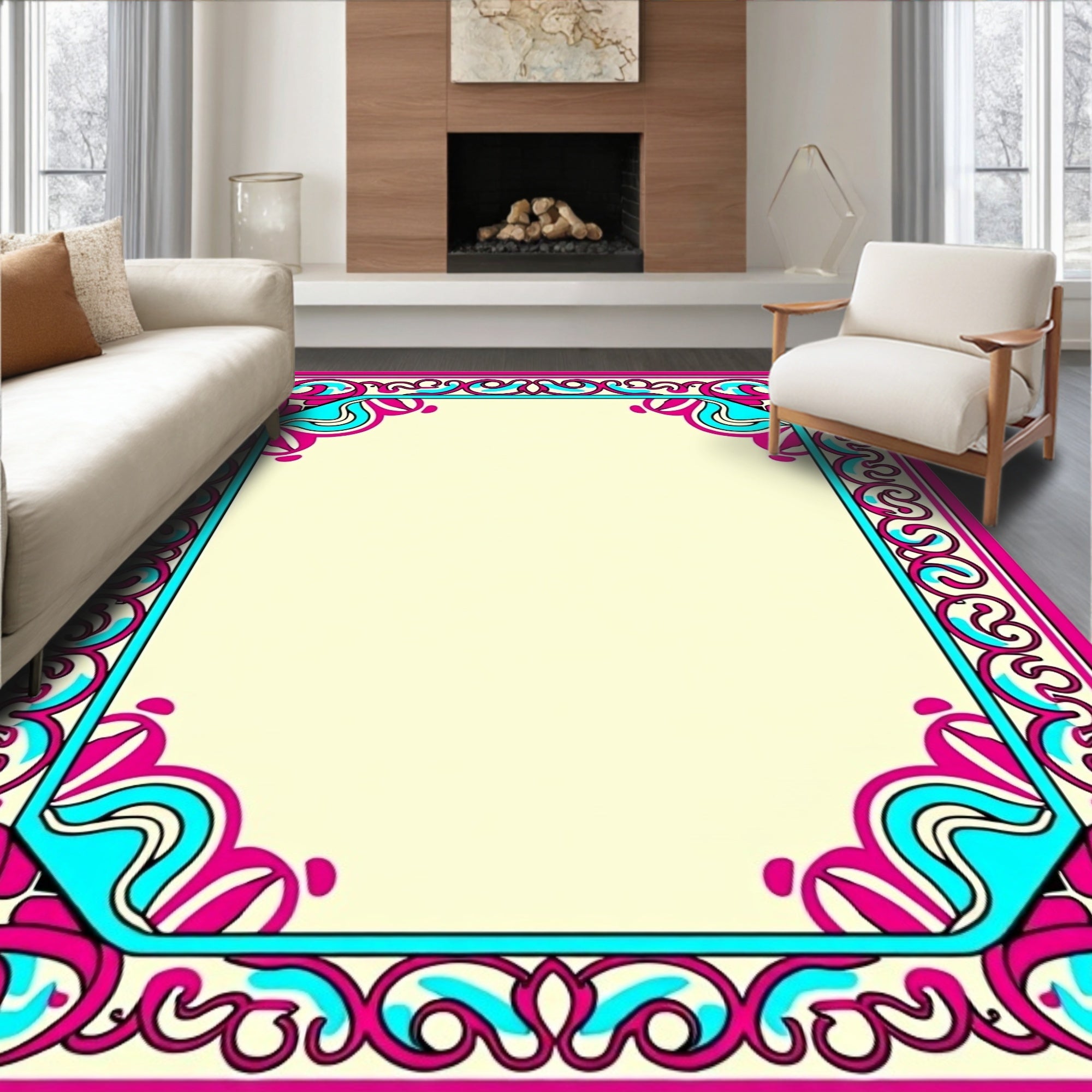 Ornate Teal Pink Floral Border Rug
