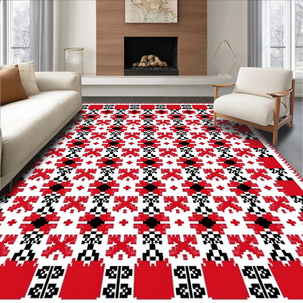 Red Black White Pixelated Floral Rug