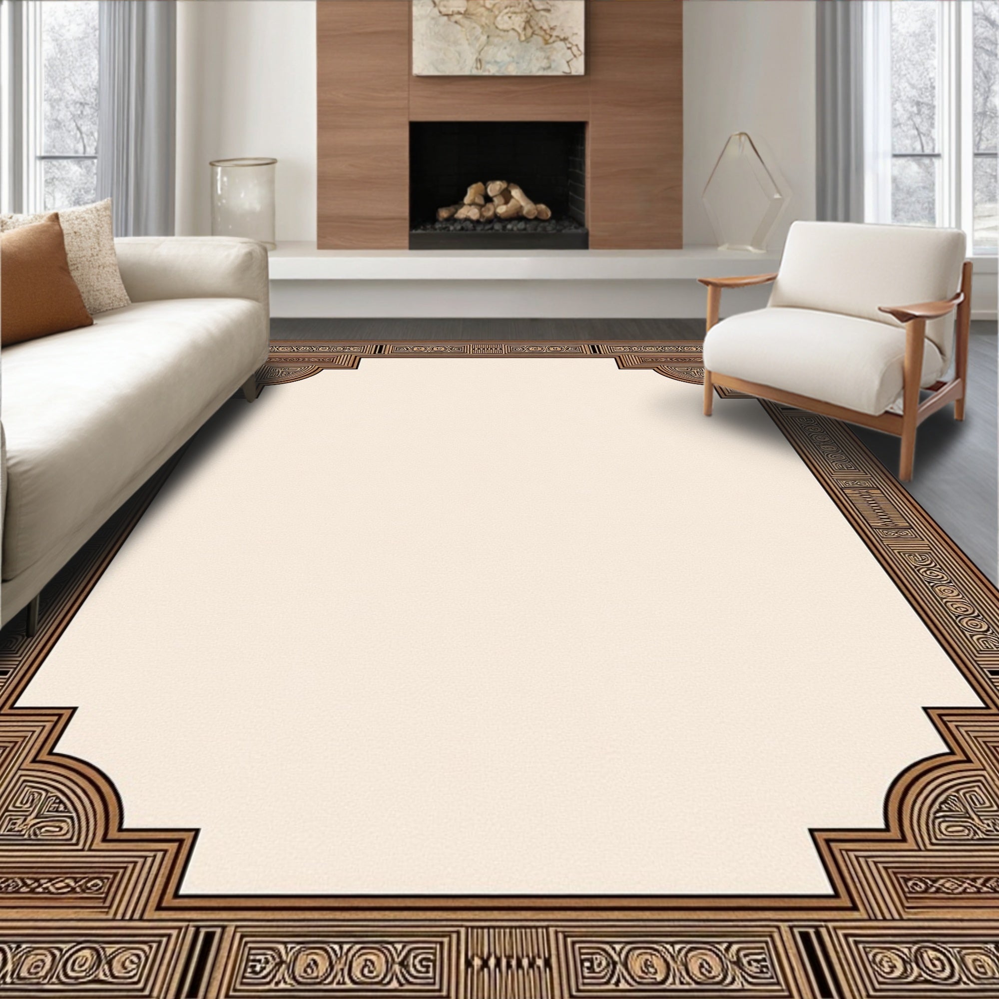 Geometric Wood Tone Border Rug