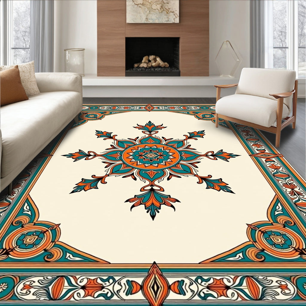 Teal Orange Floral Medallion Frame Rug