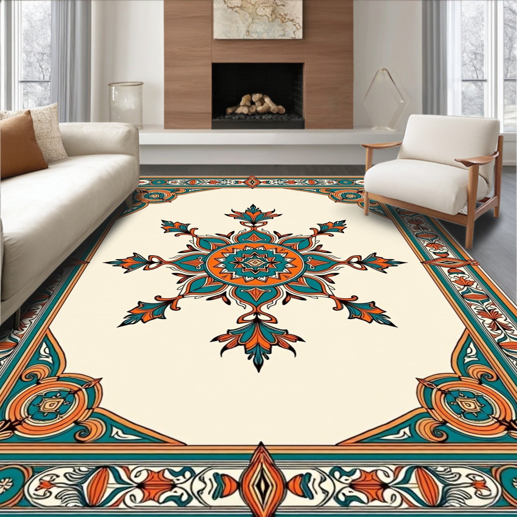 Teal Orange Floral Medallion Frame Rug