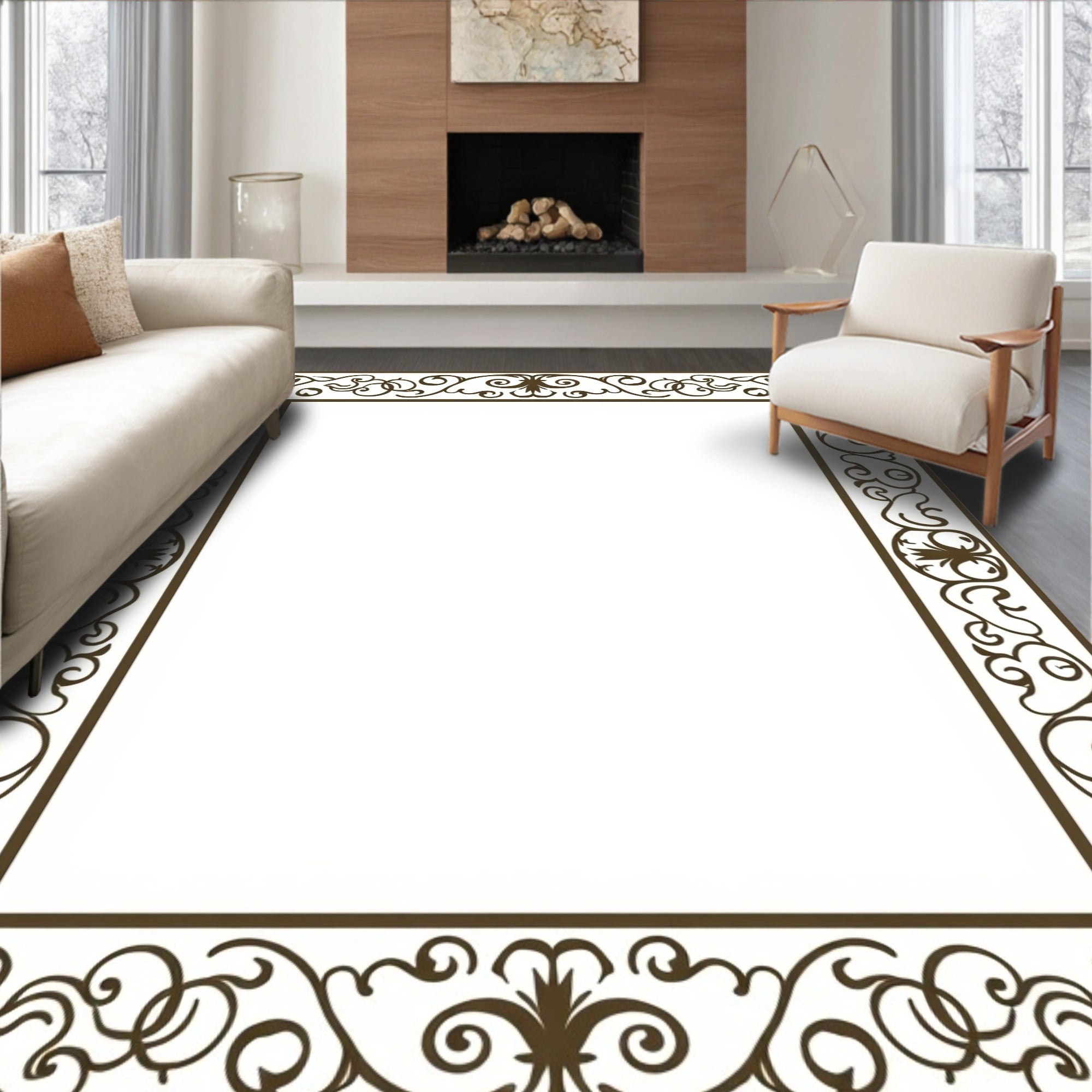 Ornate Brown Antique Scroll Border Rug