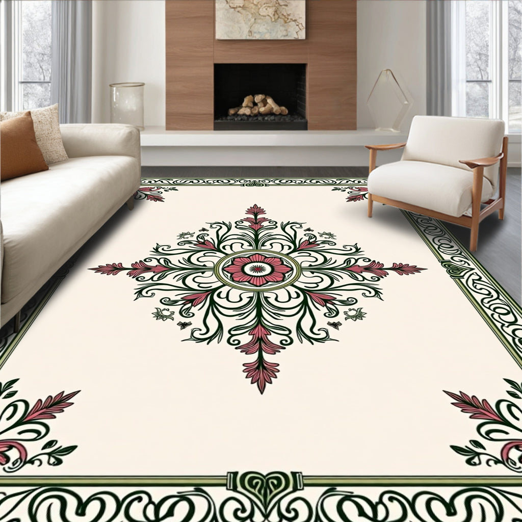 Pink Floral Green Border Medallion Rug