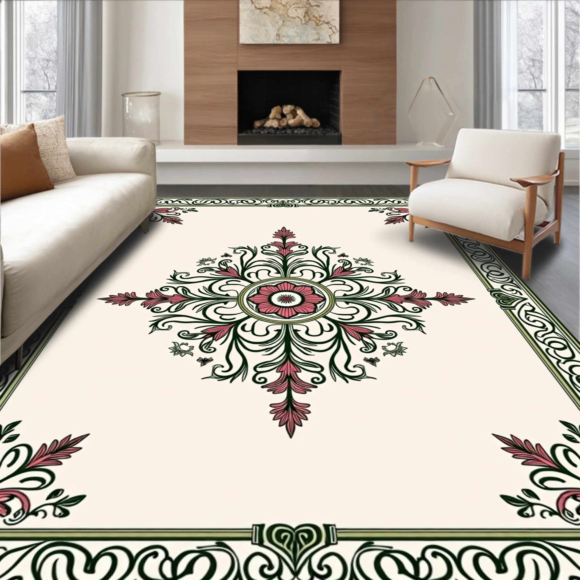 Pink Floral Green Border Medallion Rug