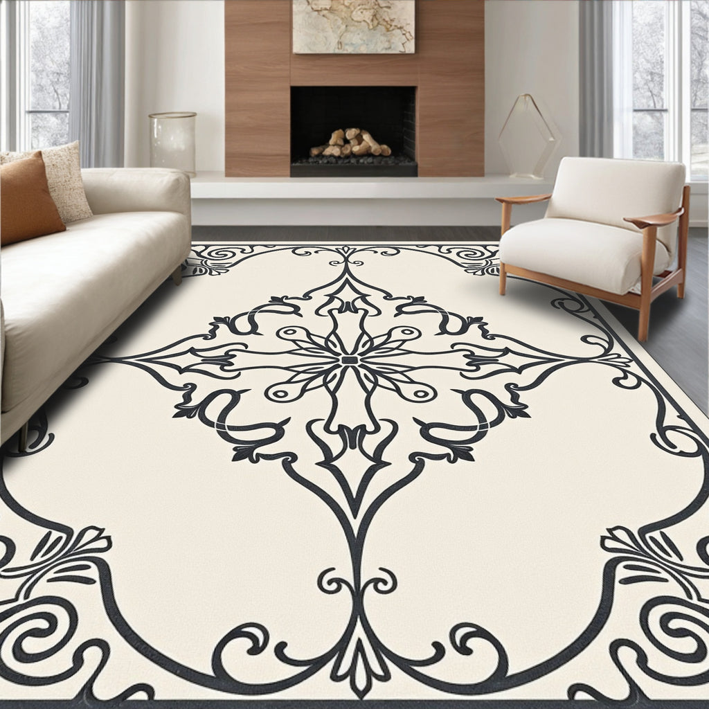 Dark Scrollwork Cream Centerpiece Rug