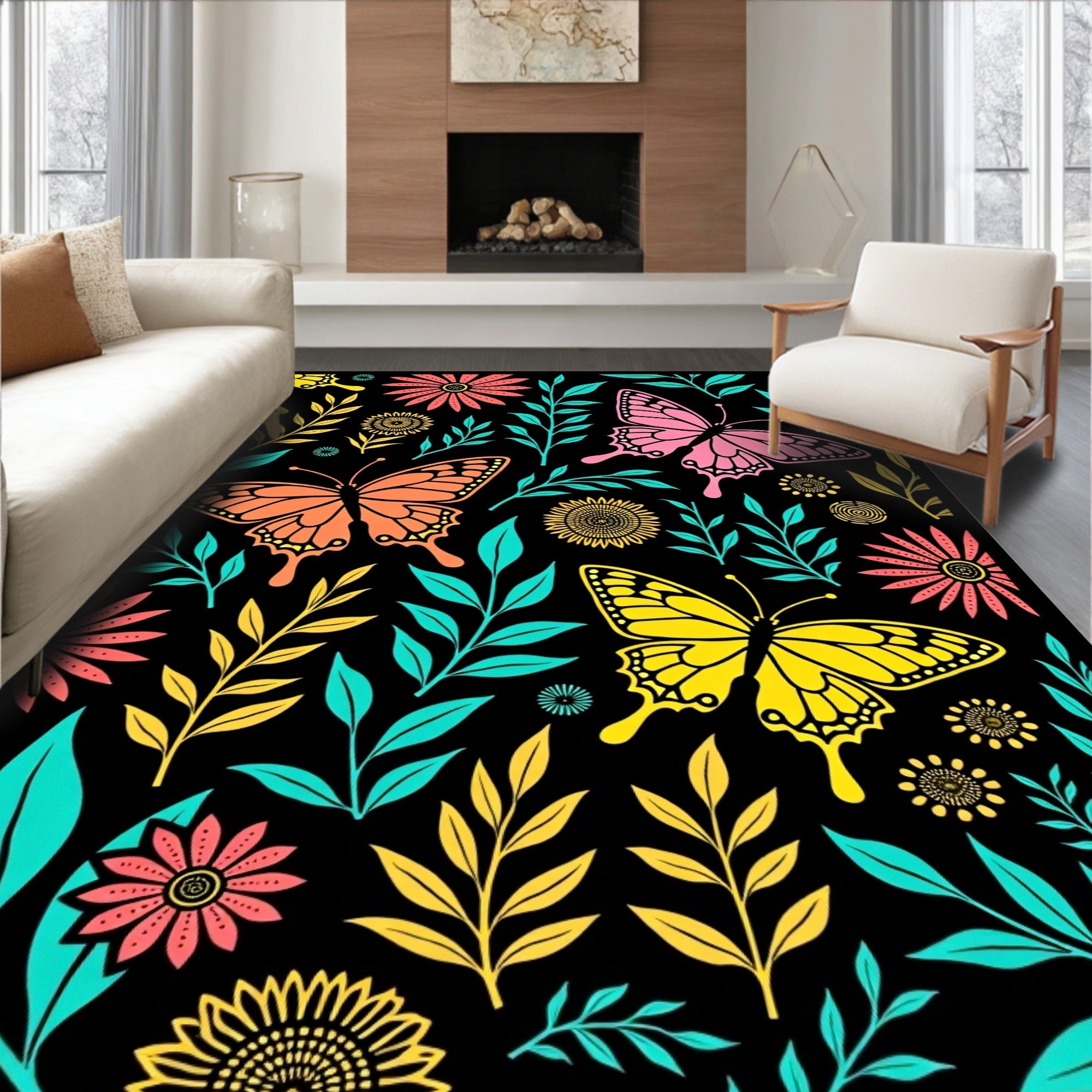 Colorful Butterfly and Floral Garden Rug