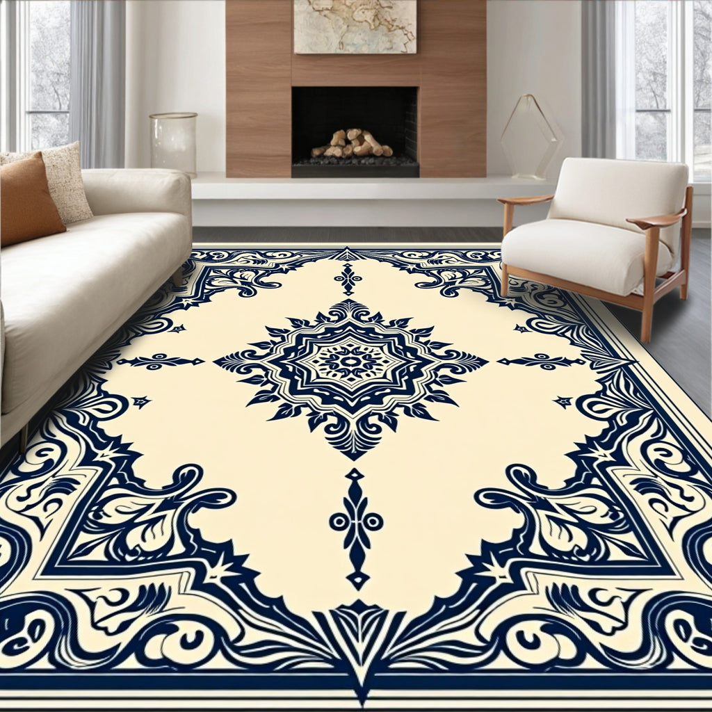 Classic Navy Ivory Floral Medallion Rug