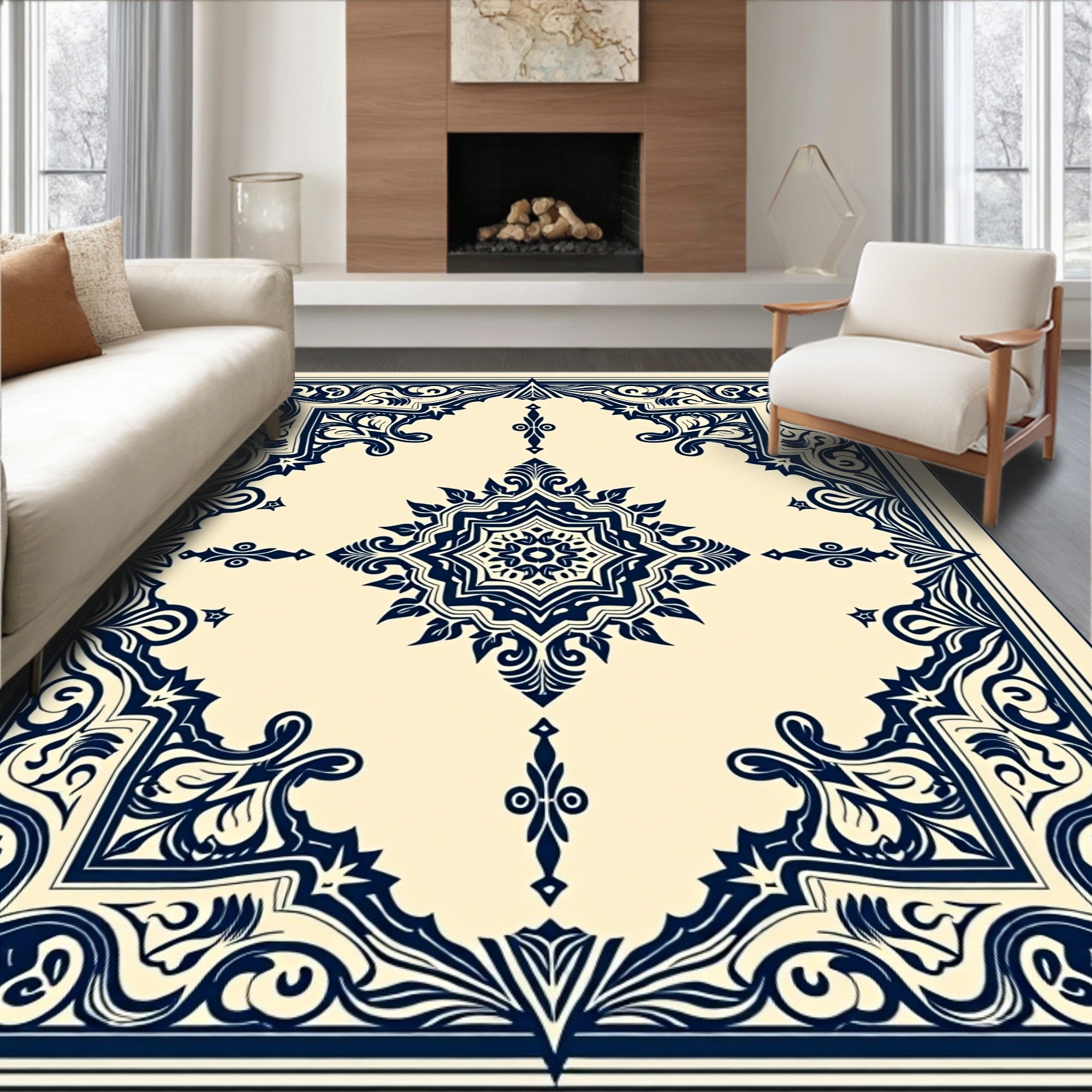 Classic Navy Ivory Floral Medallion Rug