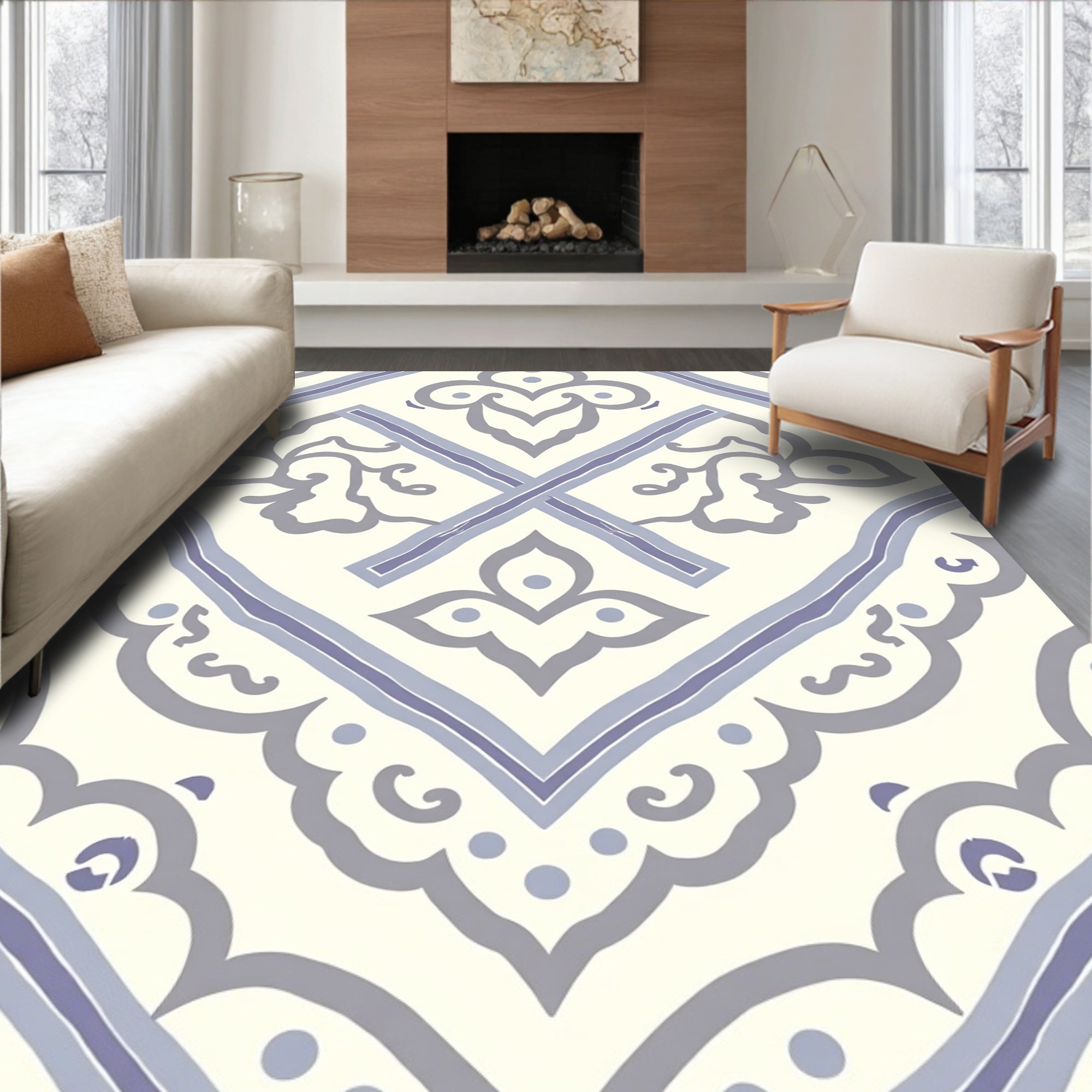 Cream Gray Purple Medallion Scroll Rug