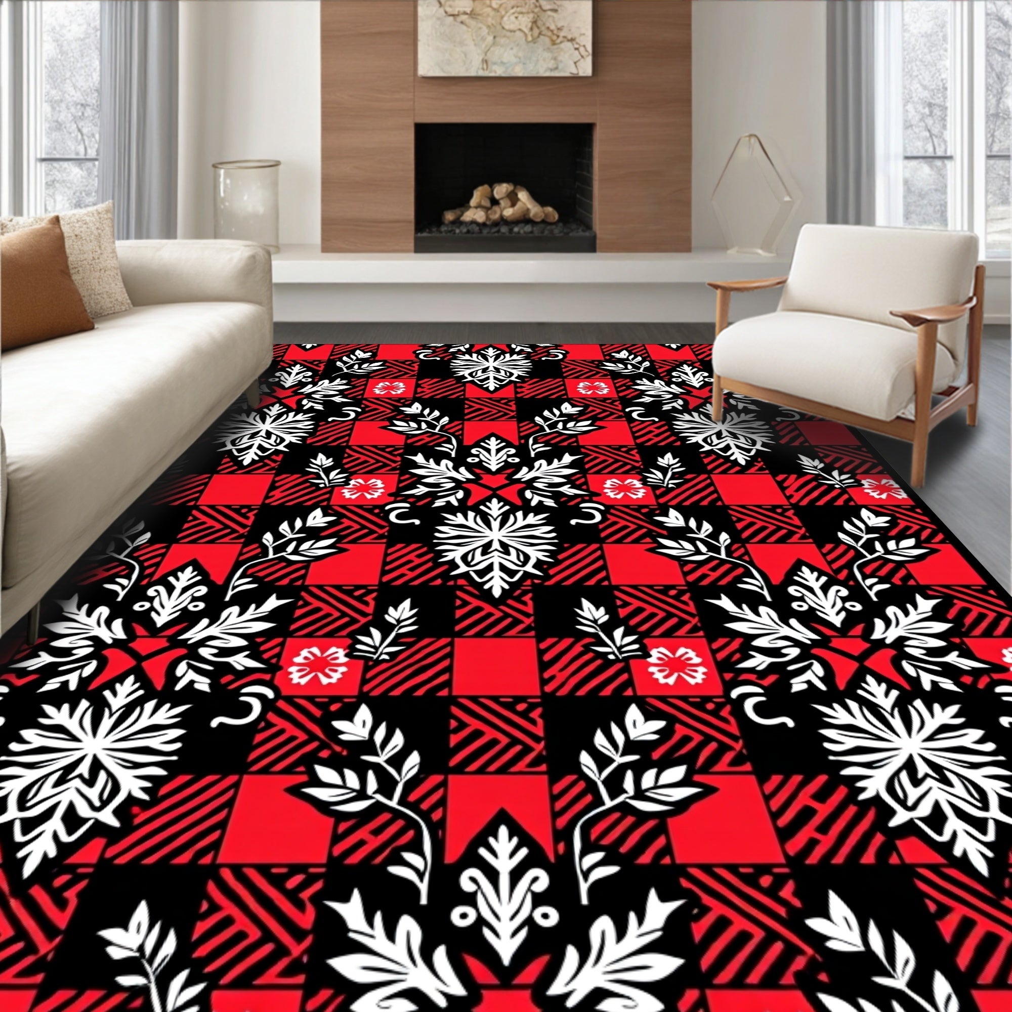 Red Black Buffalo Check Floral Medallions Rug