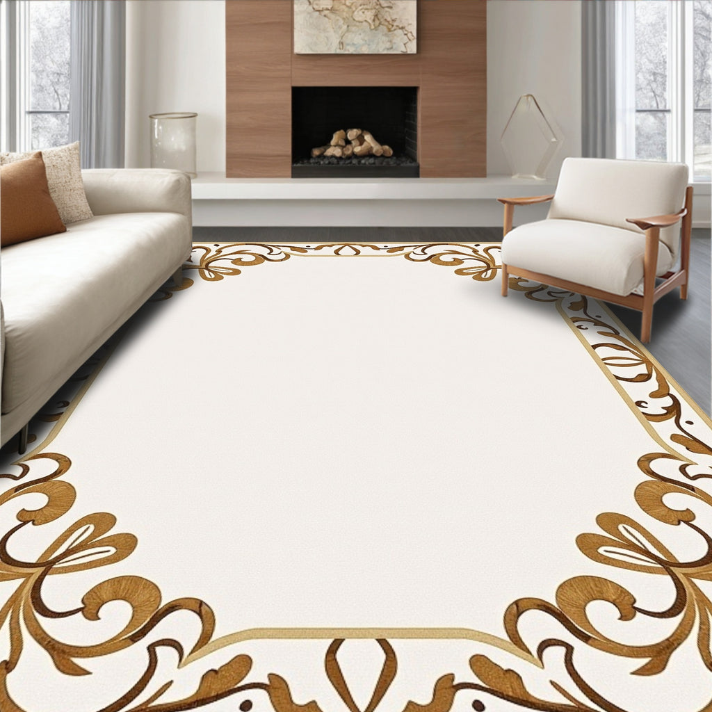 Ornate Golden Brown Scrolls Border Rug