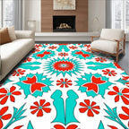 Vibrant Red Teal Floral Starburst Rug