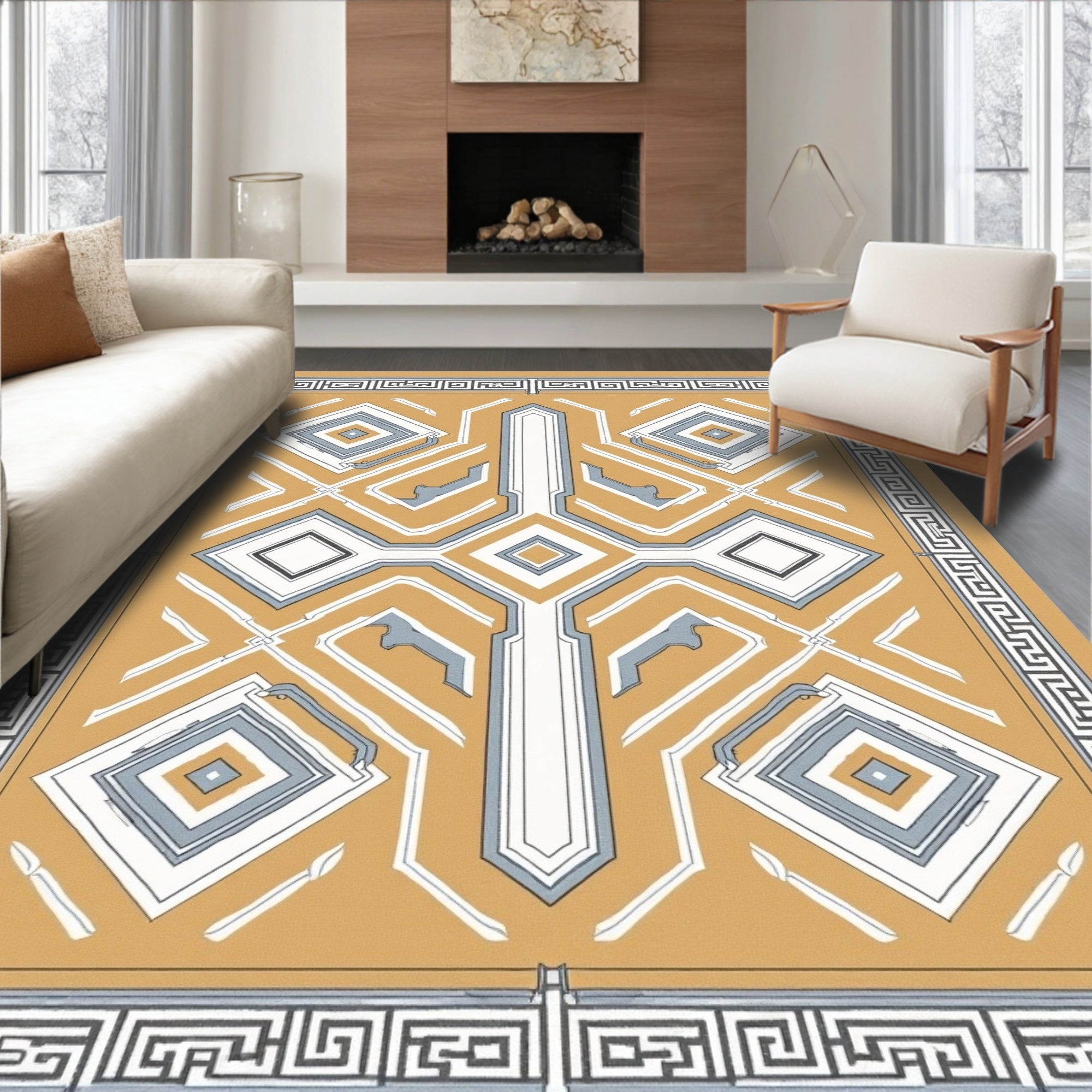 Golden Yellow Modern Geometric Medallion Rug