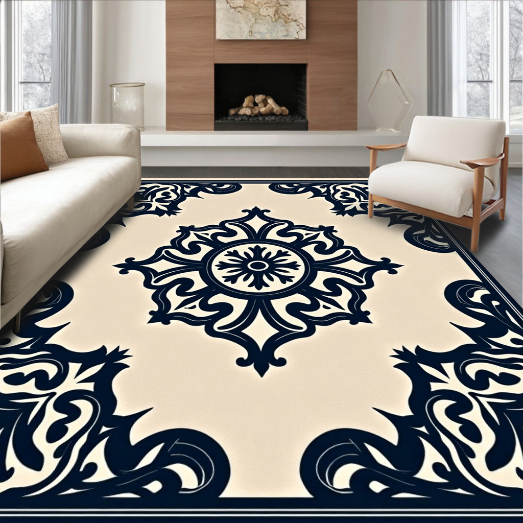 Ornate Navy Ivory Center Floral Rug