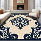 Ornate Navy Ivory Center Floral Rug