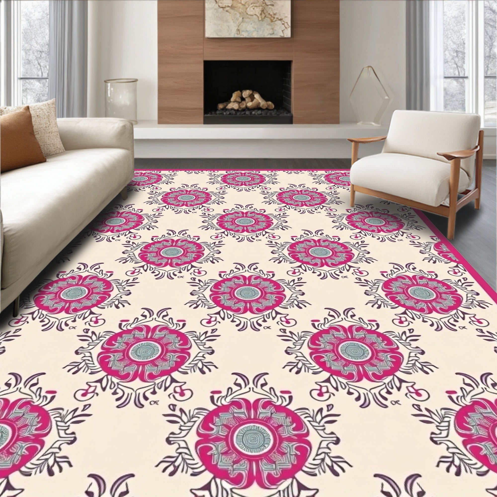 Fuchsia Floral Medallion Cream Rug