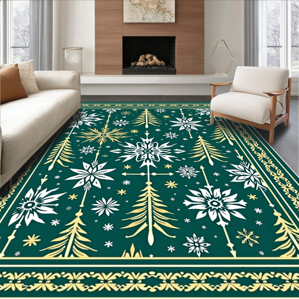 Festive Snowflakes Trees Green Gold Border Rug