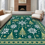 Festive Snowflakes Trees Green Gold Border Rug