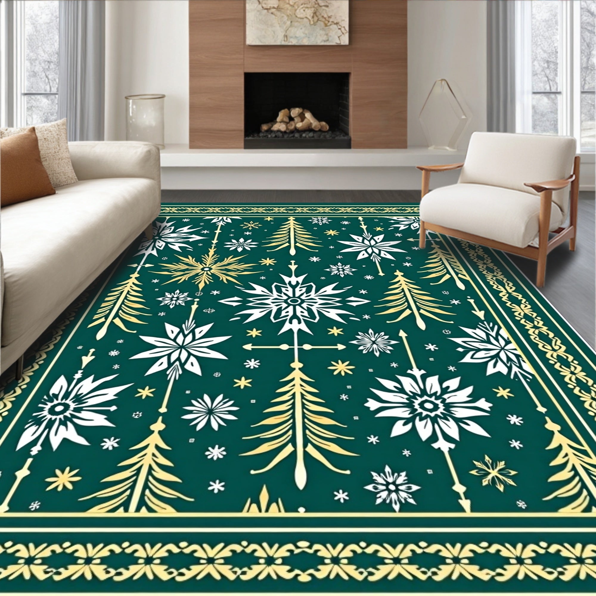 Festive Snowflakes Trees Green Gold Border Rug
