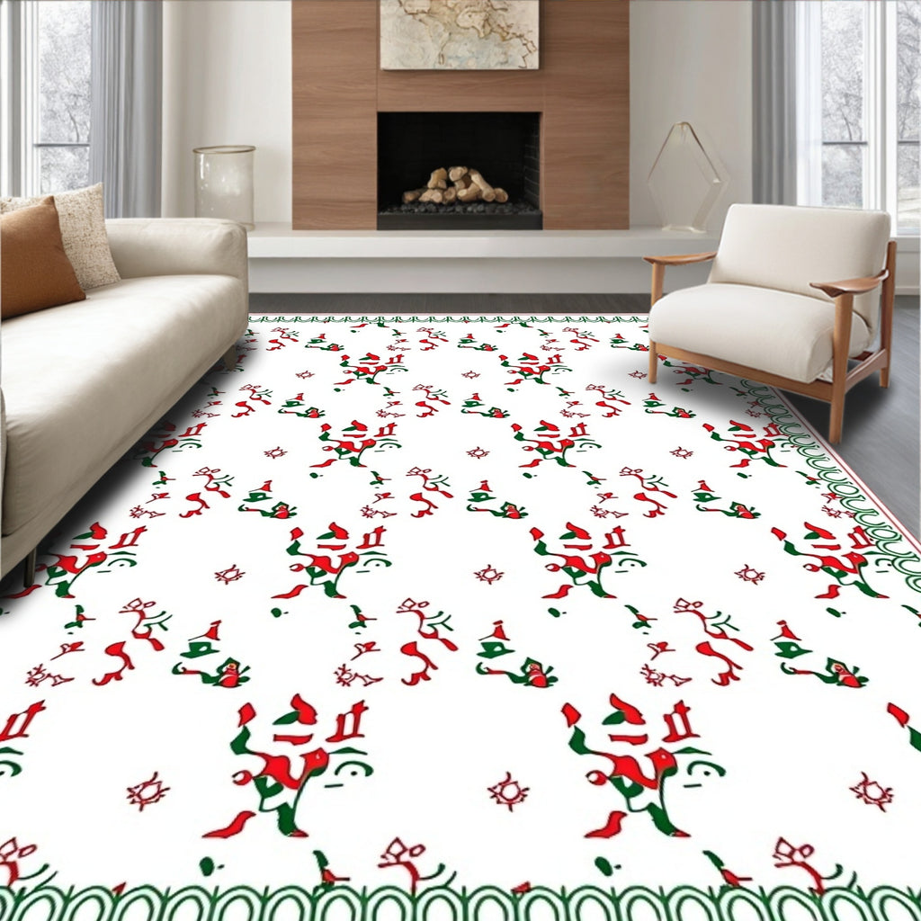 Red Green Folk Art Figures Border Rug