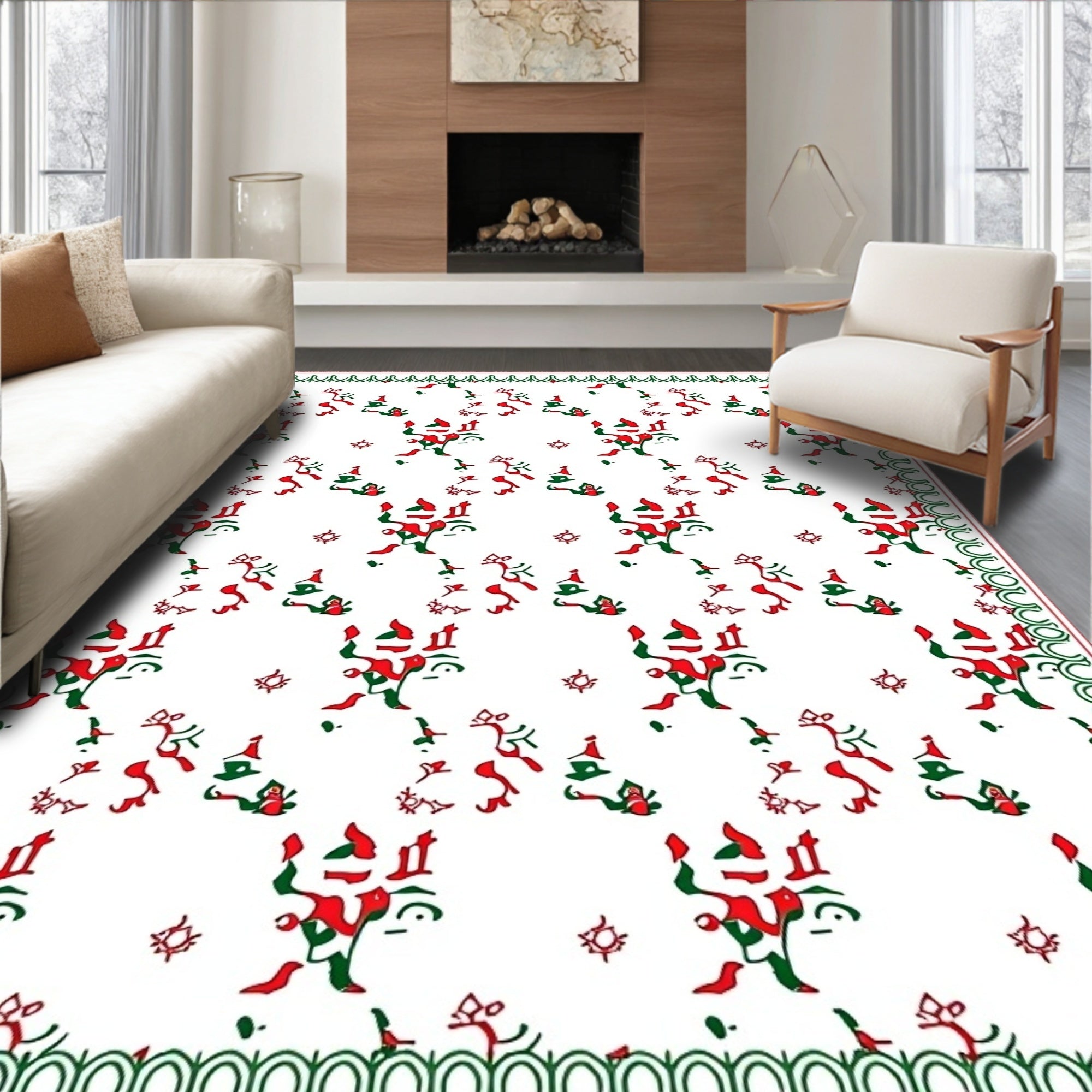 Red Green Folk Art Figures Border Rug