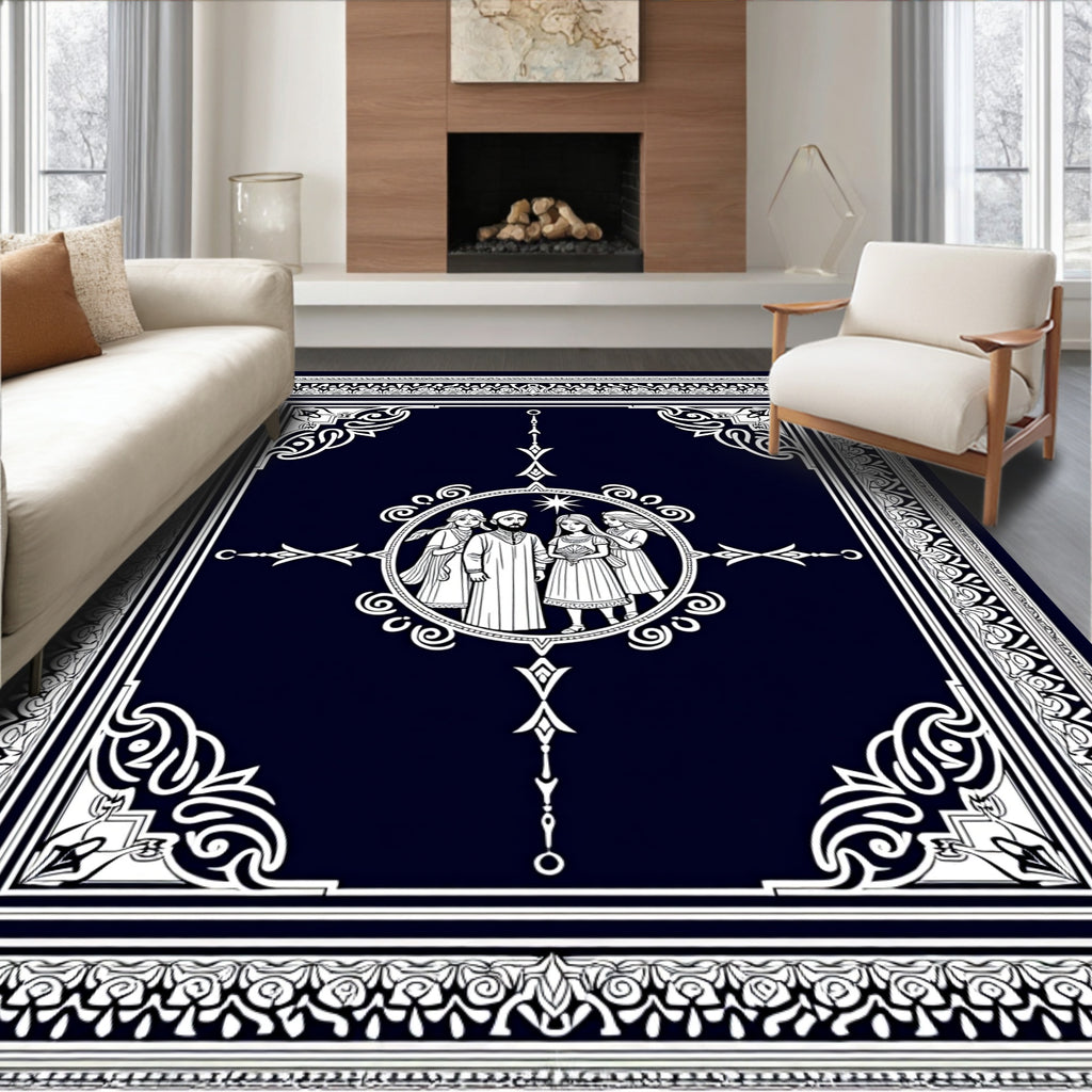 Dark Navy White Vintage Family Portrait Rug