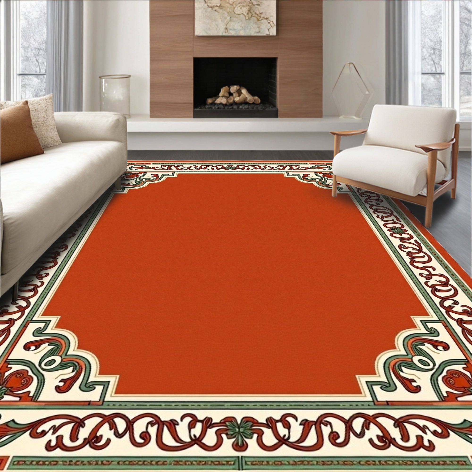 Antique Red Floral Vine Border Rug