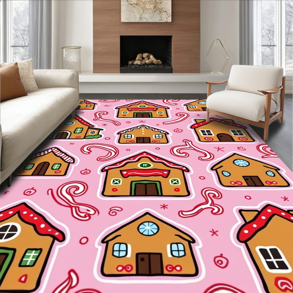 Whimsical Gingerbread Houses Candy Cane Background Rug