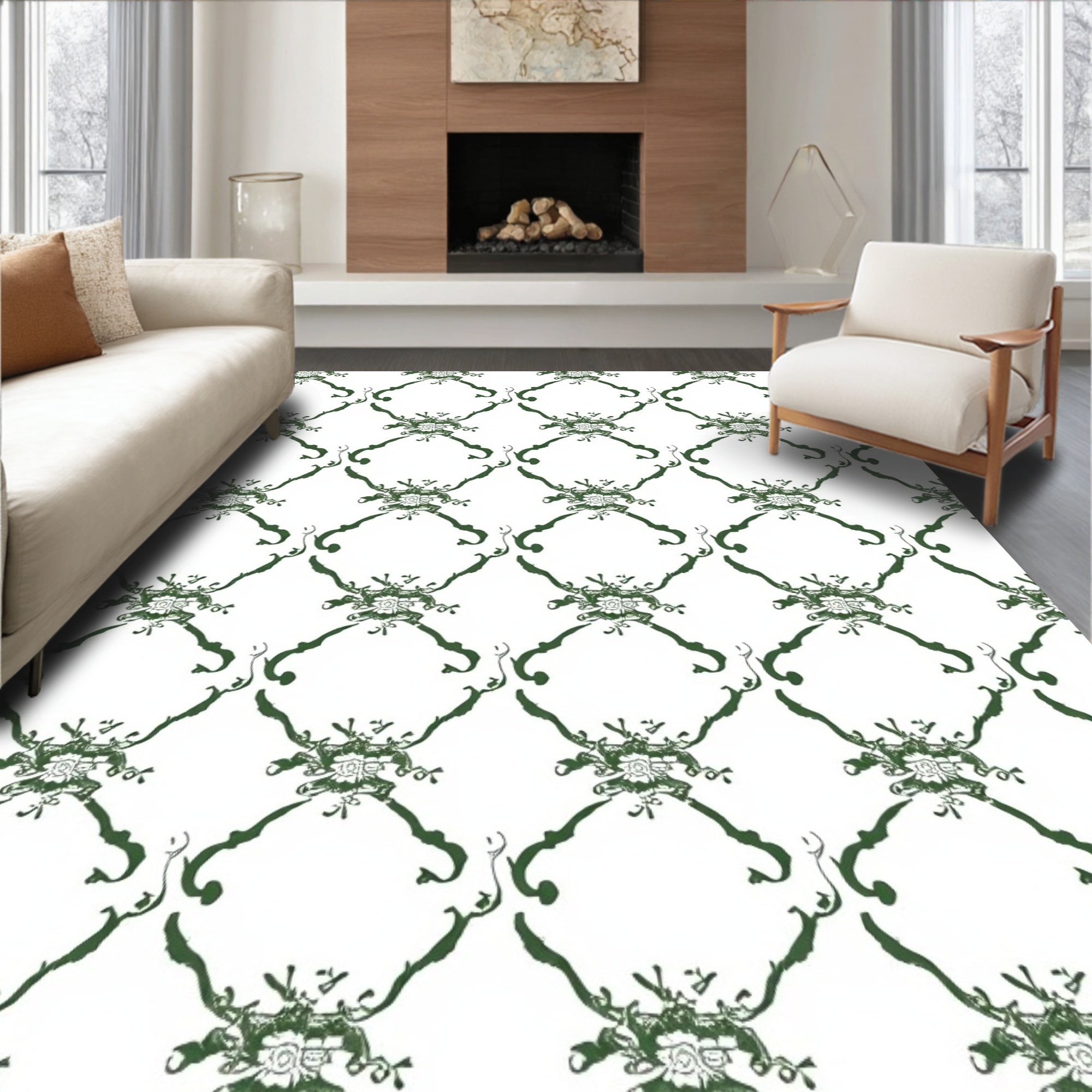 Dark Green Baroque Scroll Framing Rug