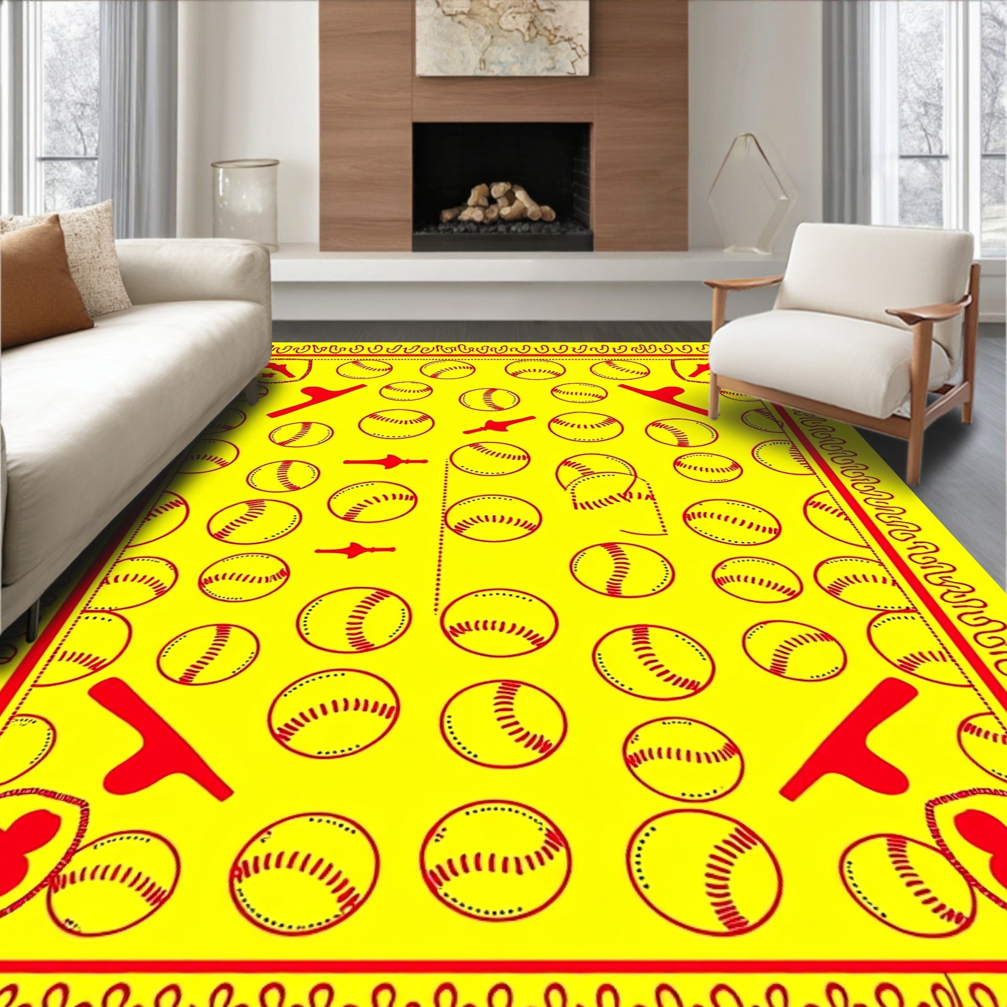 Bright Yellow Red Baseball Field Accents Rug