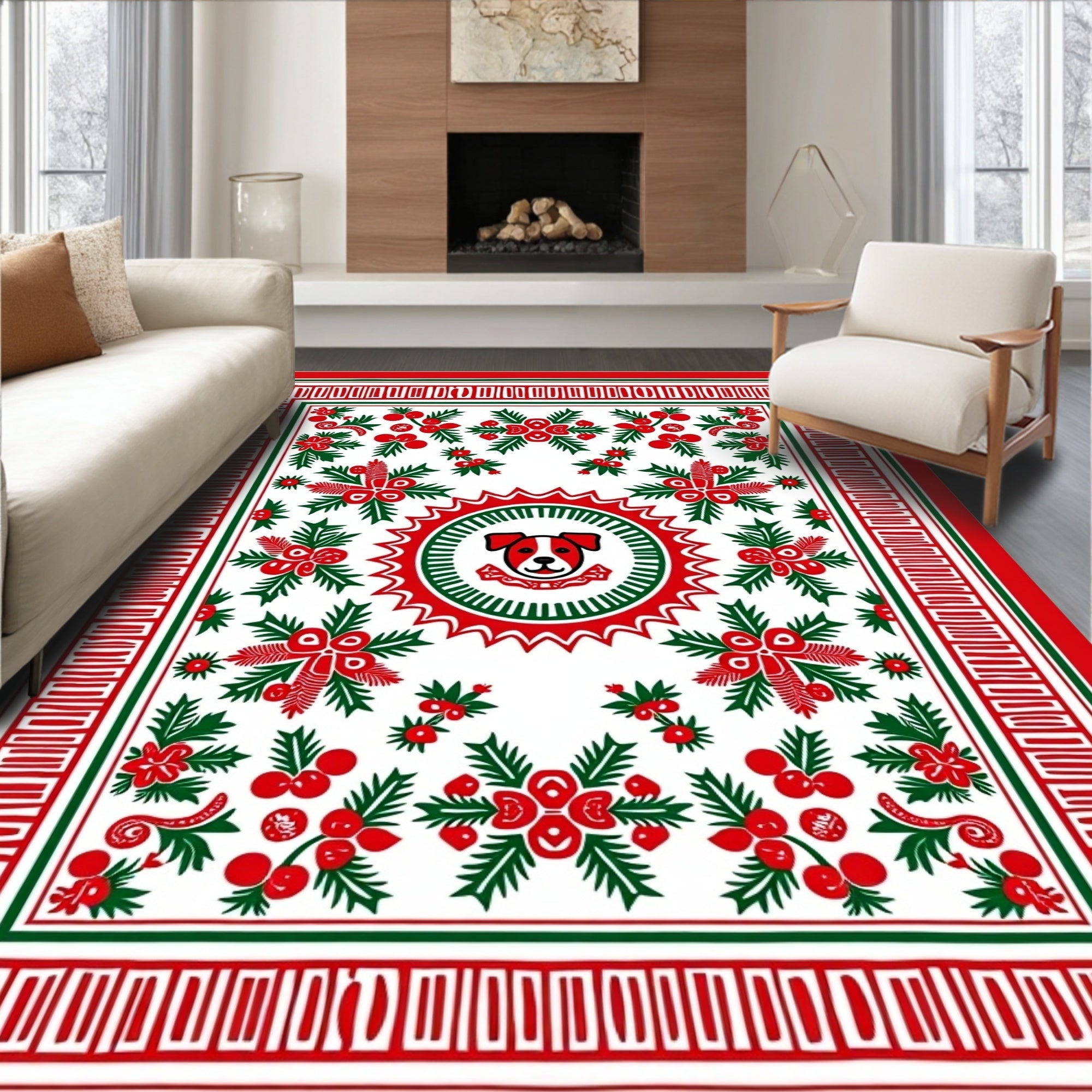 Red Green Dog Floral Holly Border Rug