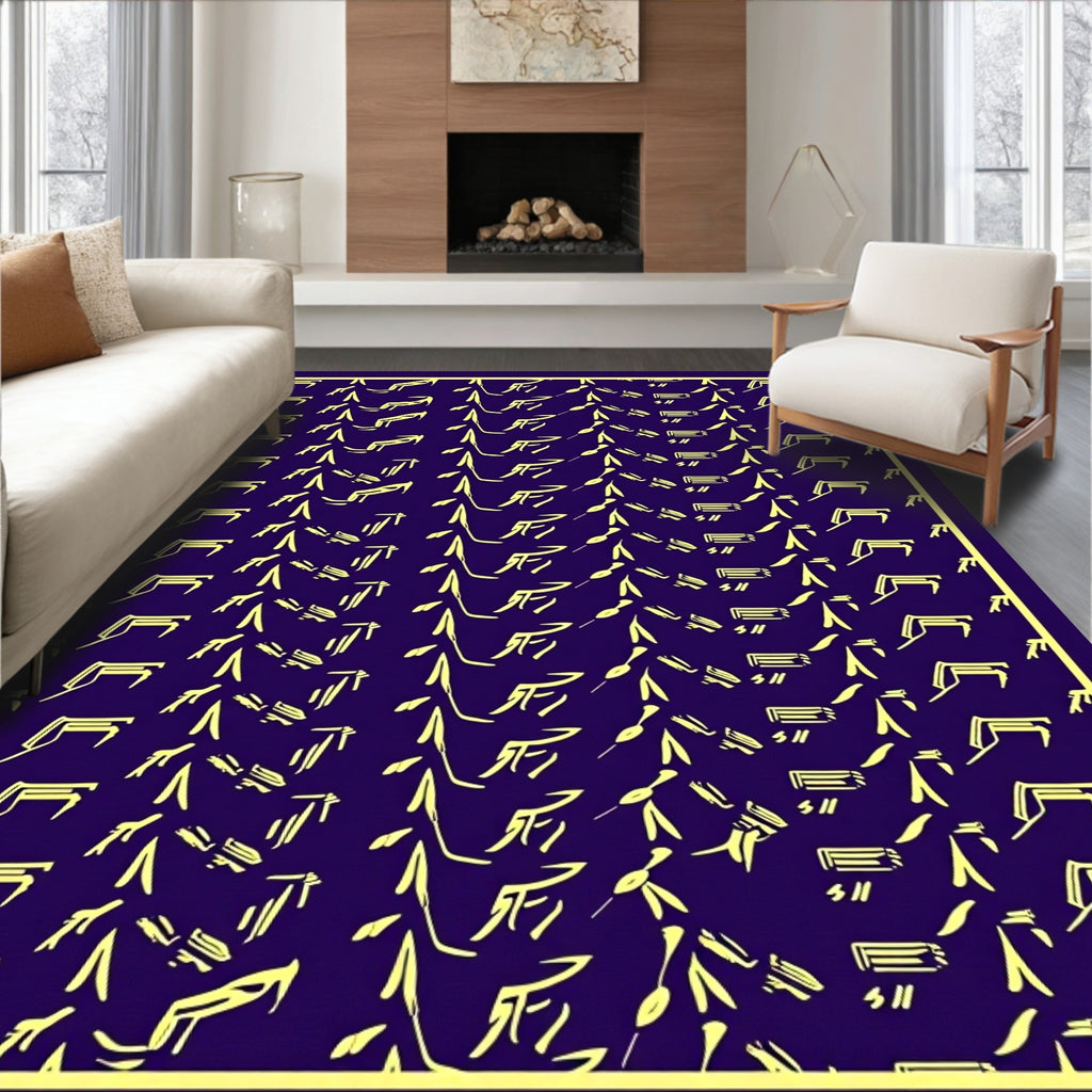 Deep Purple Yellow Abstract Calligraphy Rug