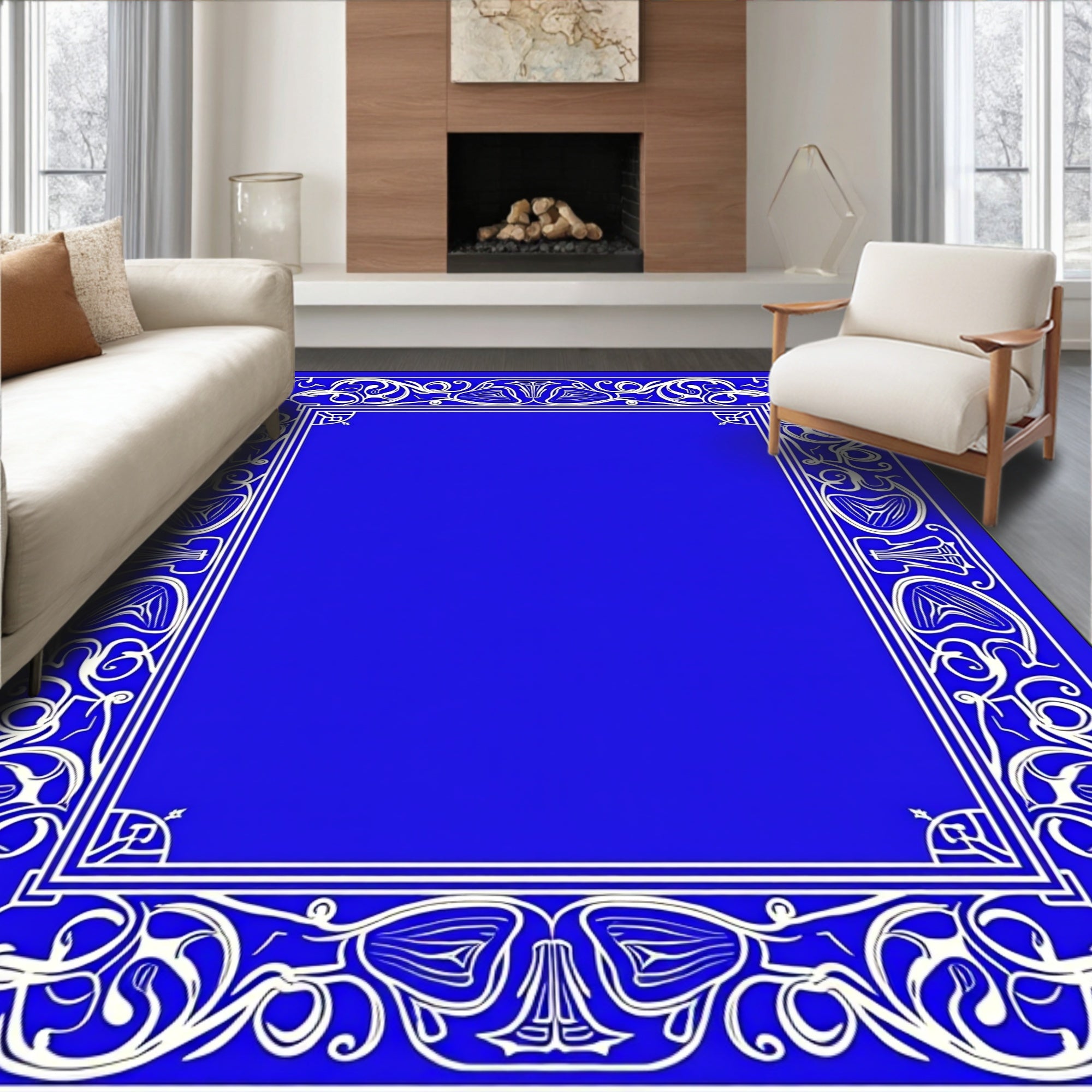 Vibrant Blue Ornate Floral Border Rug