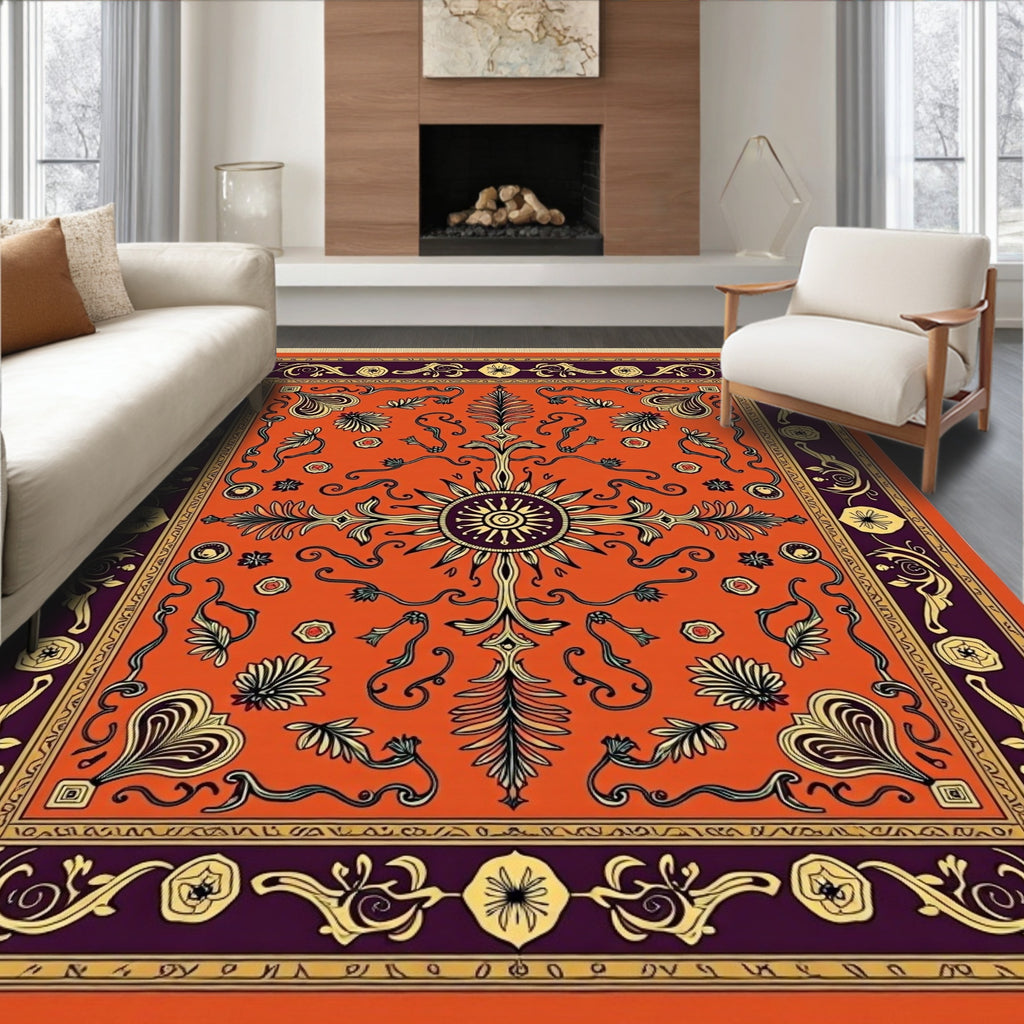 Vibrant Orange Central Sun Floral Rug