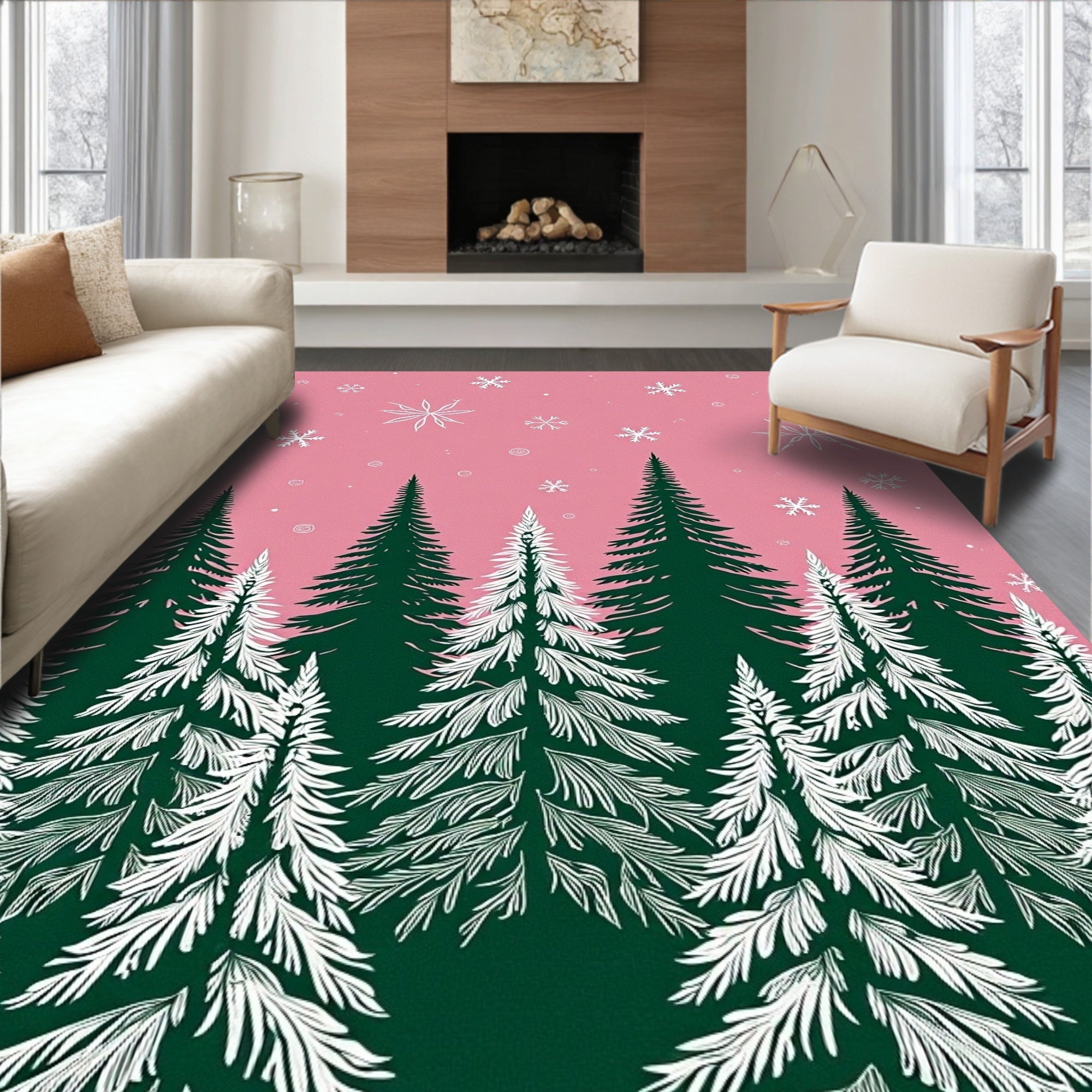 Pink Forest Snowflakes Christmas Trees Rug