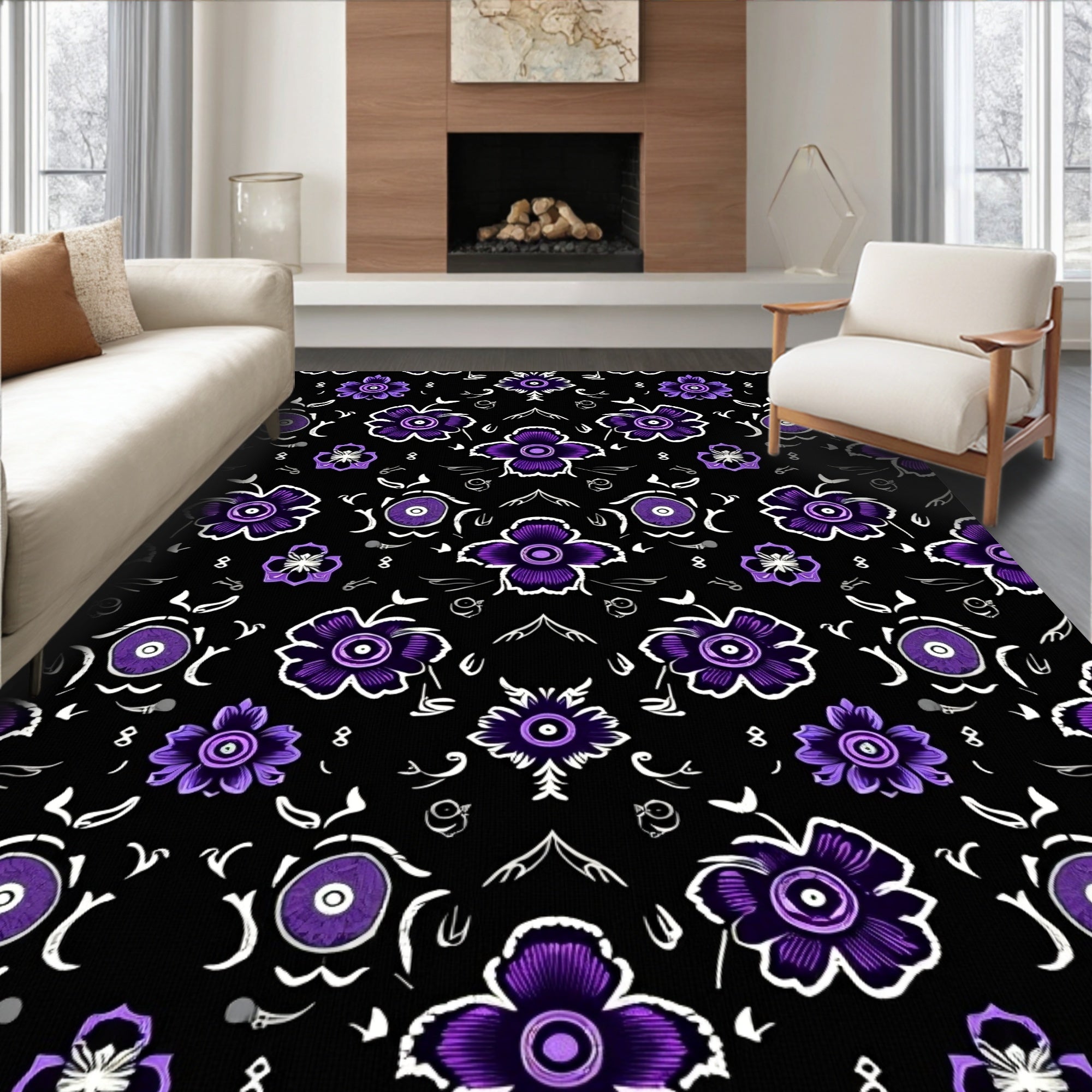 Vibrant Violet Floral Black Ground Rug