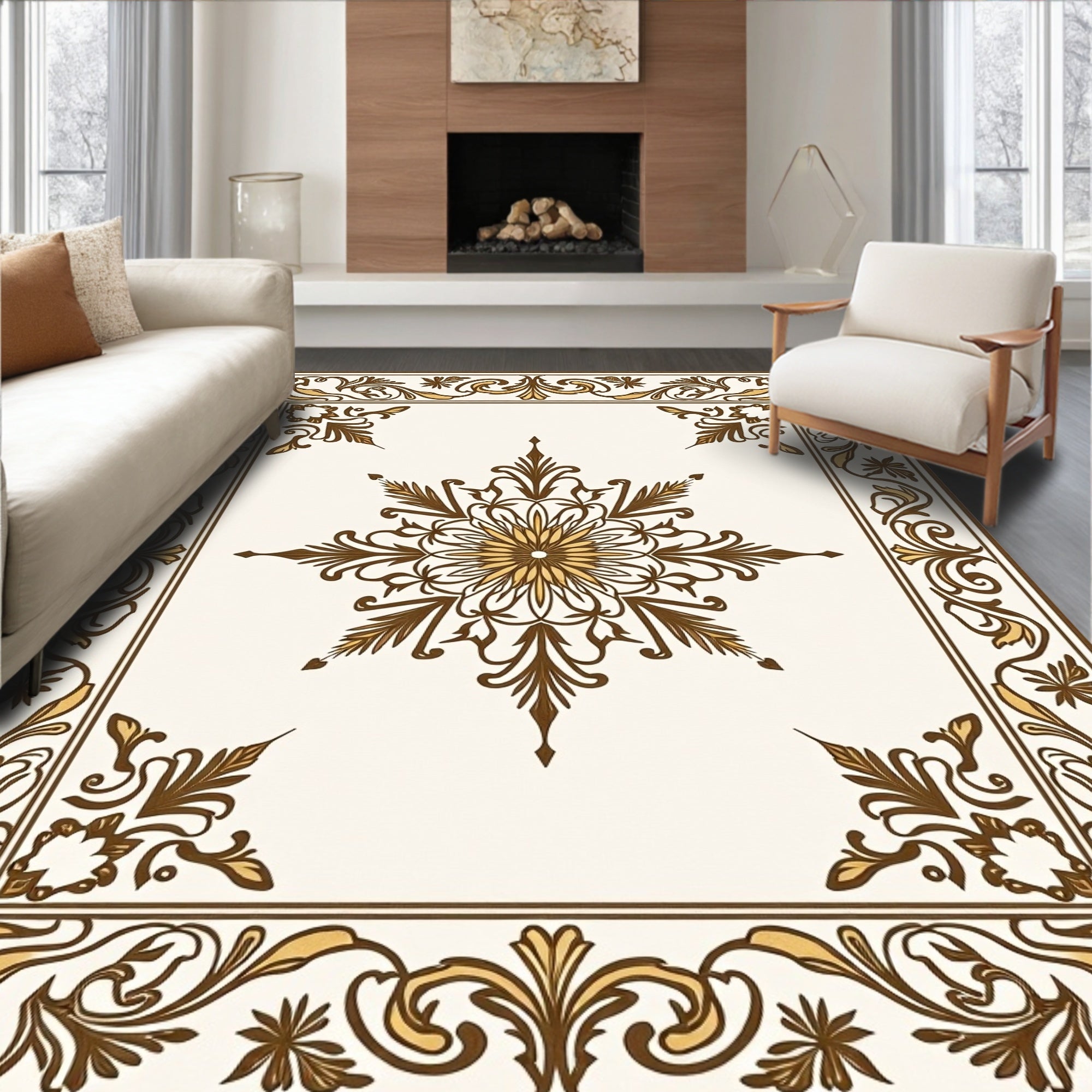 Brown Gold Floral Medallion Border Rug