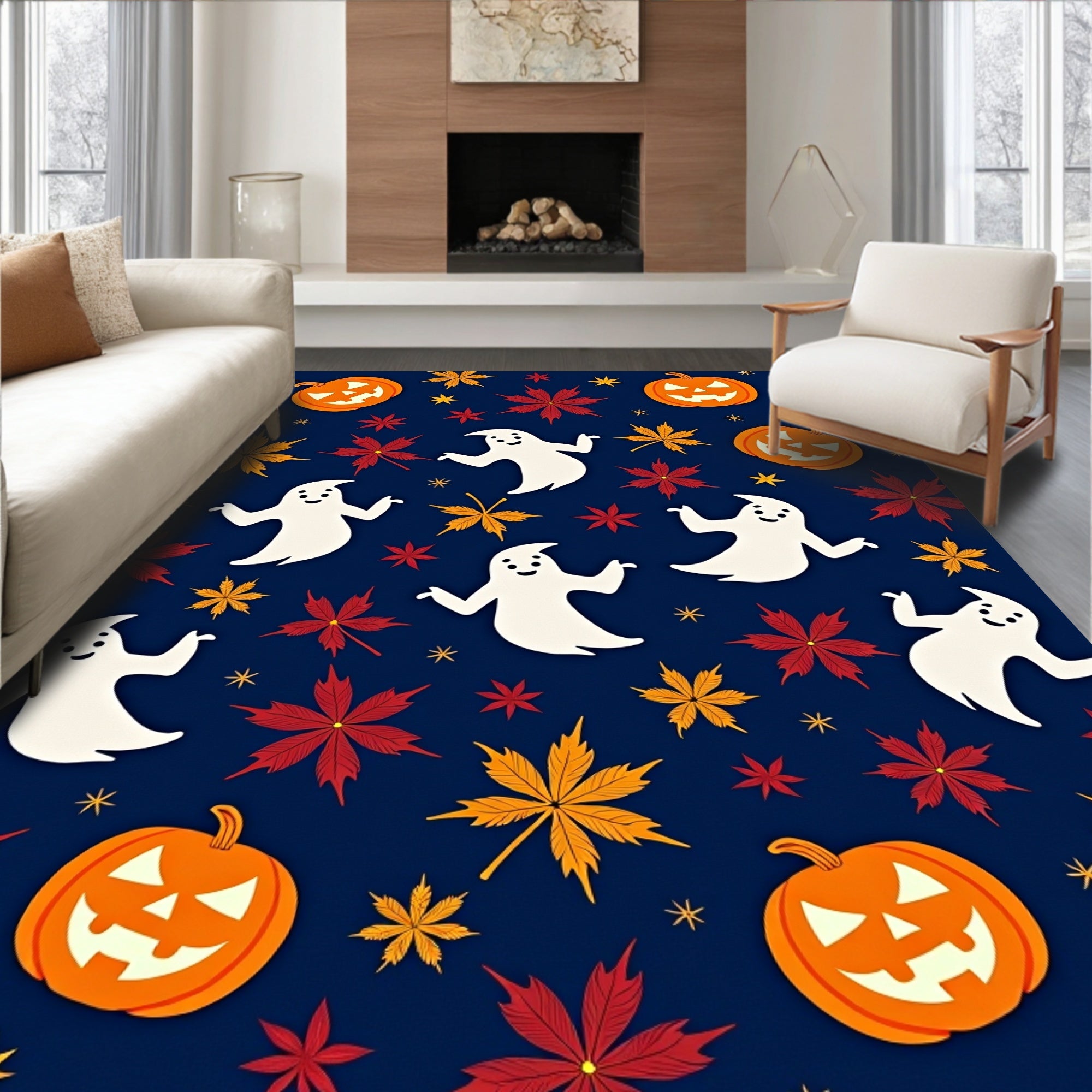 Spooky Orange Jack-o'-Lantern Ghost Leaves Rug