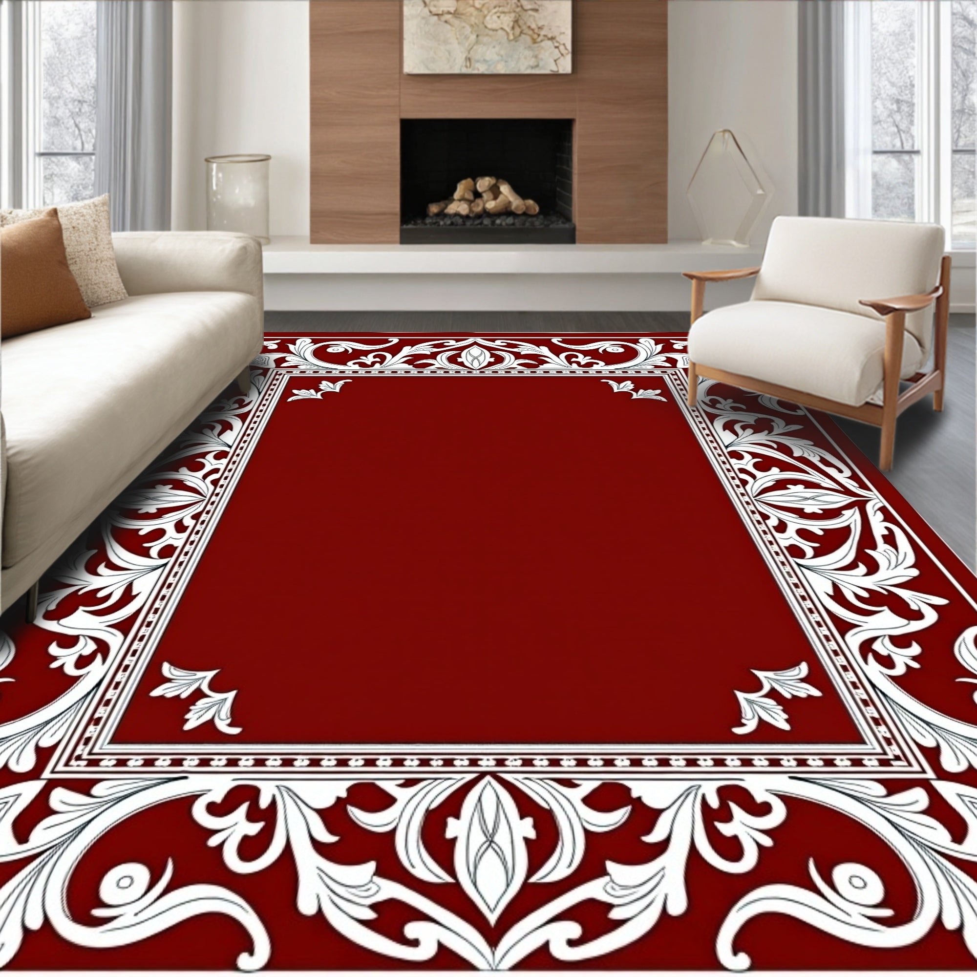 Crimson White Floral Border Rug