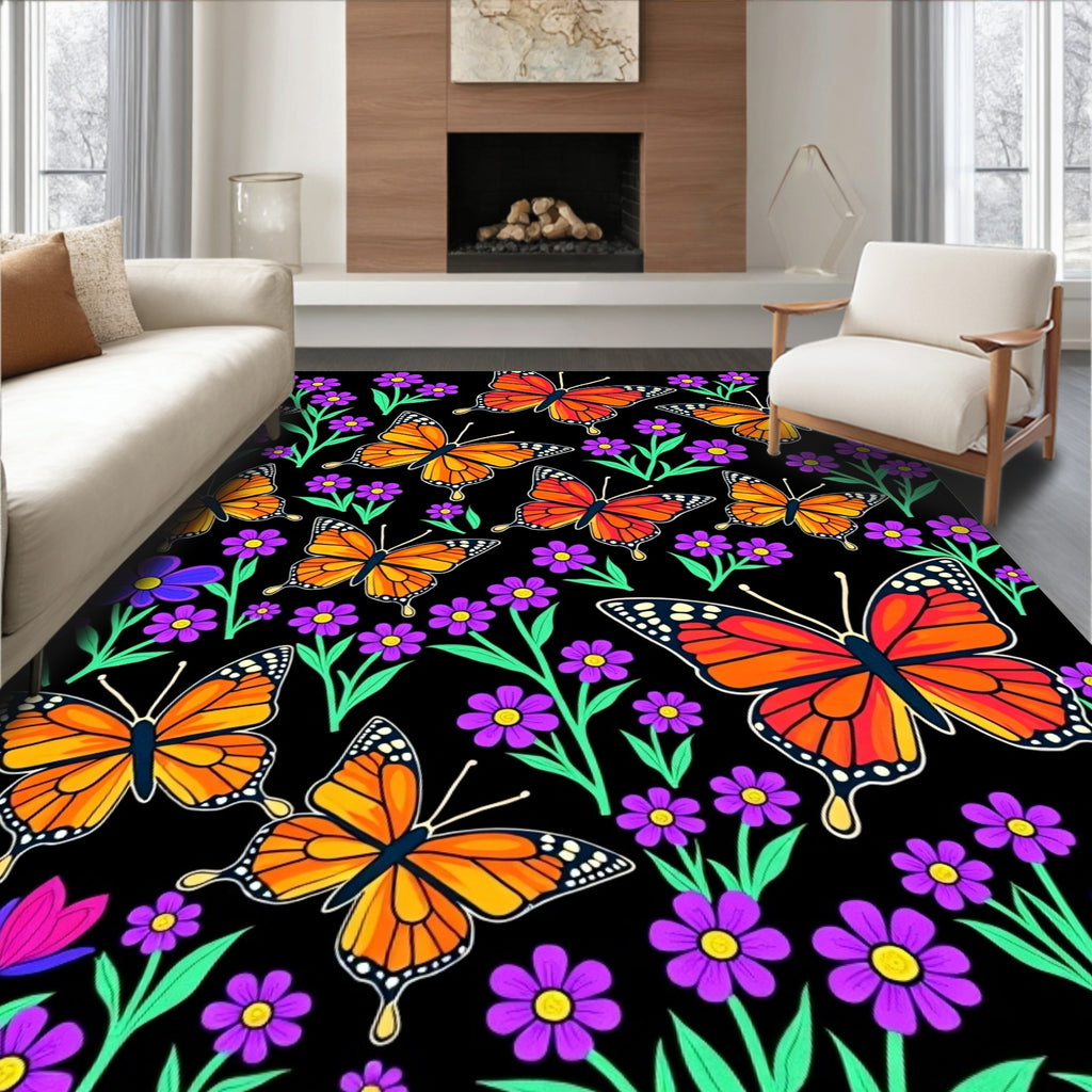 Whimsical Orange Monarch Butterfly Garden Rug